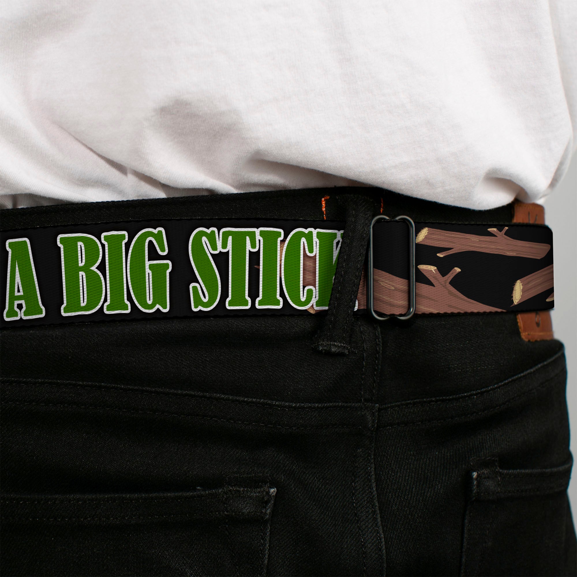 BD Wings Logo CLOSE-UP Full Color Black Silver Seatbelt Belt - ONE OF US LIKES BIG STICKS/Sticks Black/Brown/Green Webbing Seatbelt Belts Buckle-Down