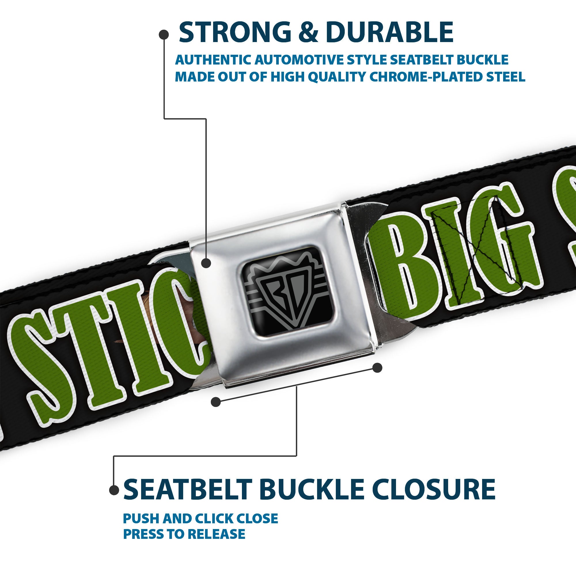 BD Wings Logo CLOSE-UP Full Color Black Silver Seatbelt Belt - ONE OF US LIKES BIG STICKS/Sticks Black/Brown/Green Webbing Seatbelt Belts Buckle-Down