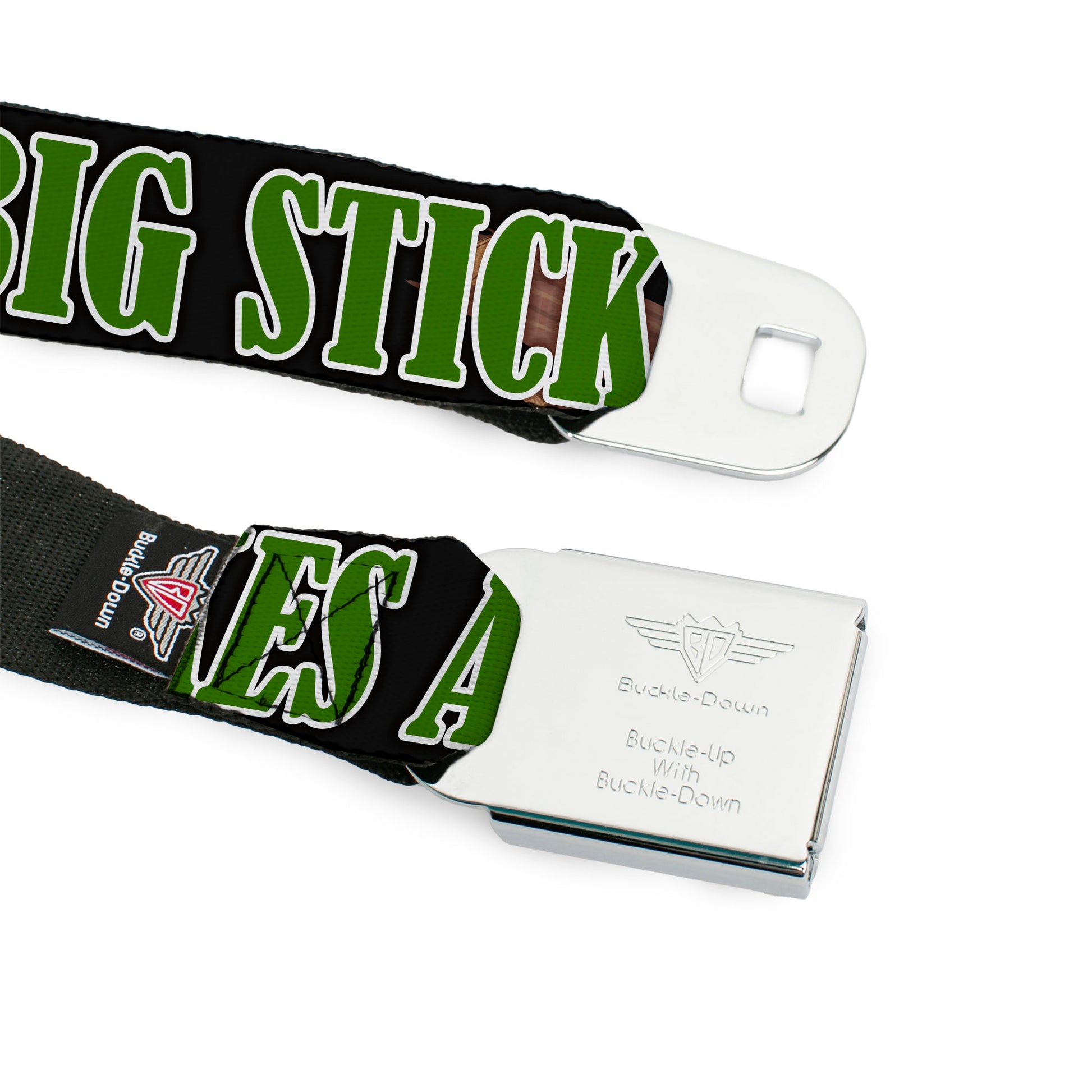 BD Wings Logo CLOSE-UP Full Color Black Silver Seatbelt Belt - ONE OF US LIKES BIG STICKS/Sticks Black/Brown/Green Webbing Seatbelt Belts Buckle-Down