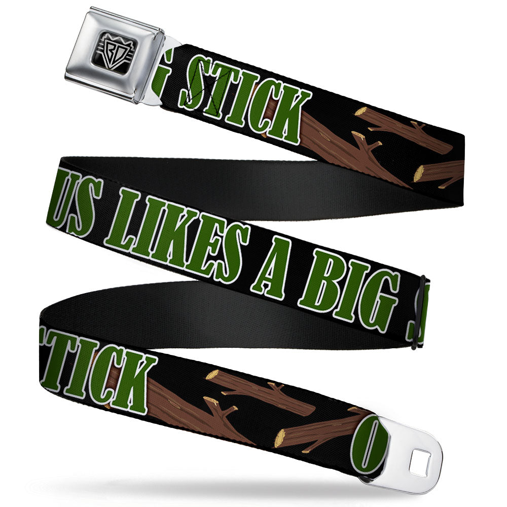 BD Wings Logo CLOSE-UP Full Color Black Silver Seatbelt Belt - ONE OF US LIKES BIG STICKS/Sticks Black/Brown/Green Webbing Seatbelt Belts Buckle-Down