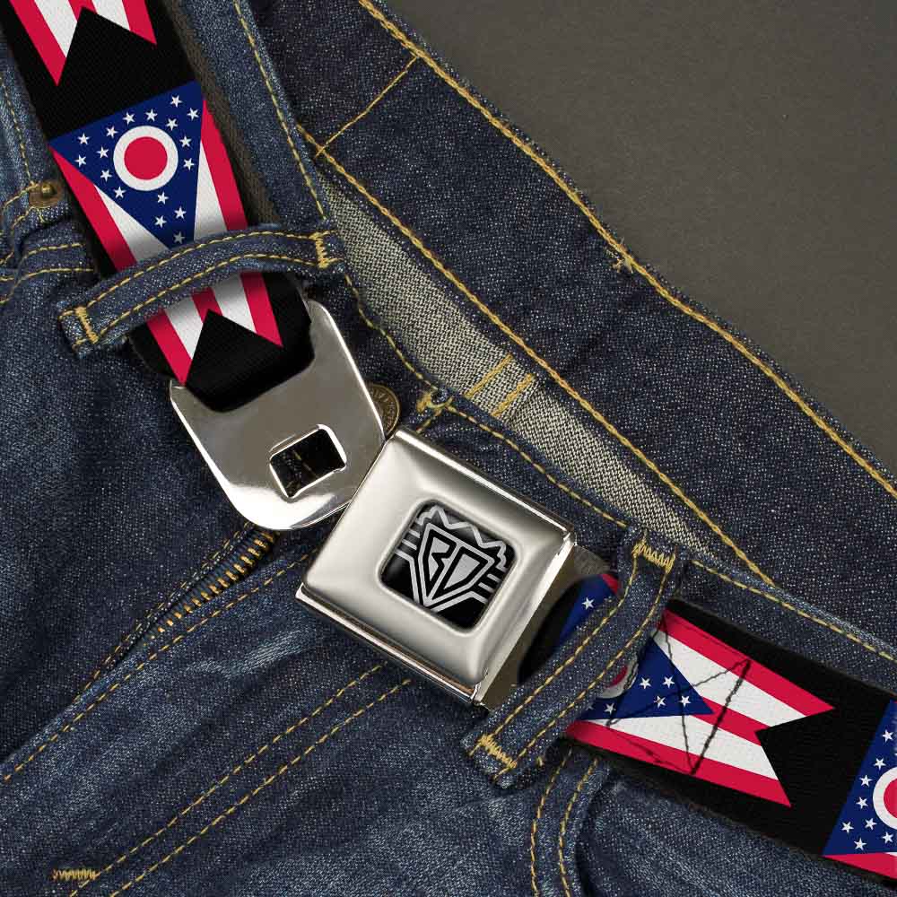 BD Wings Logo CLOSE-UP Full Color Black Silver Seatbelt Belt - Ohio Flag Repeat Black Webbing Seatbelt Belts Buckle-Down