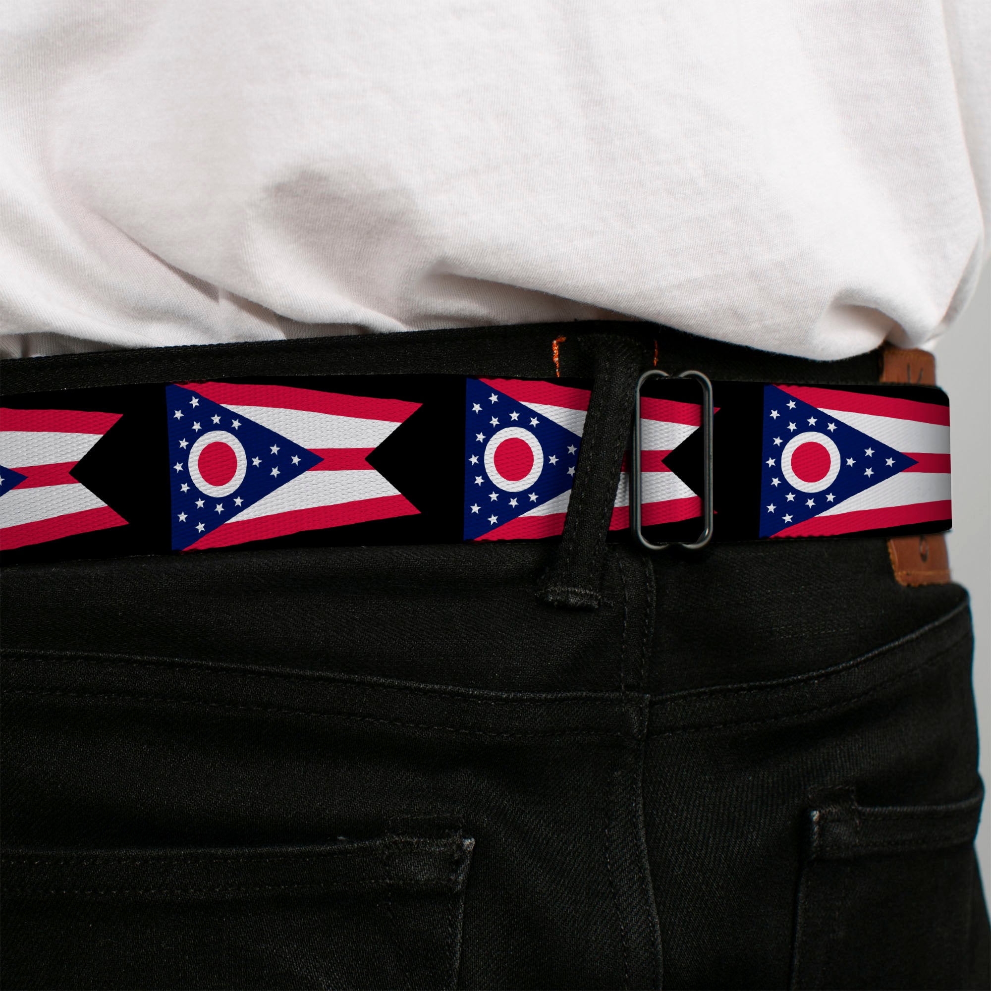 BD Wings Logo CLOSE-UP Full Color Black Silver Seatbelt Belt - Ohio Flag Repeat Black Webbing Seatbelt Belts Buckle-Down