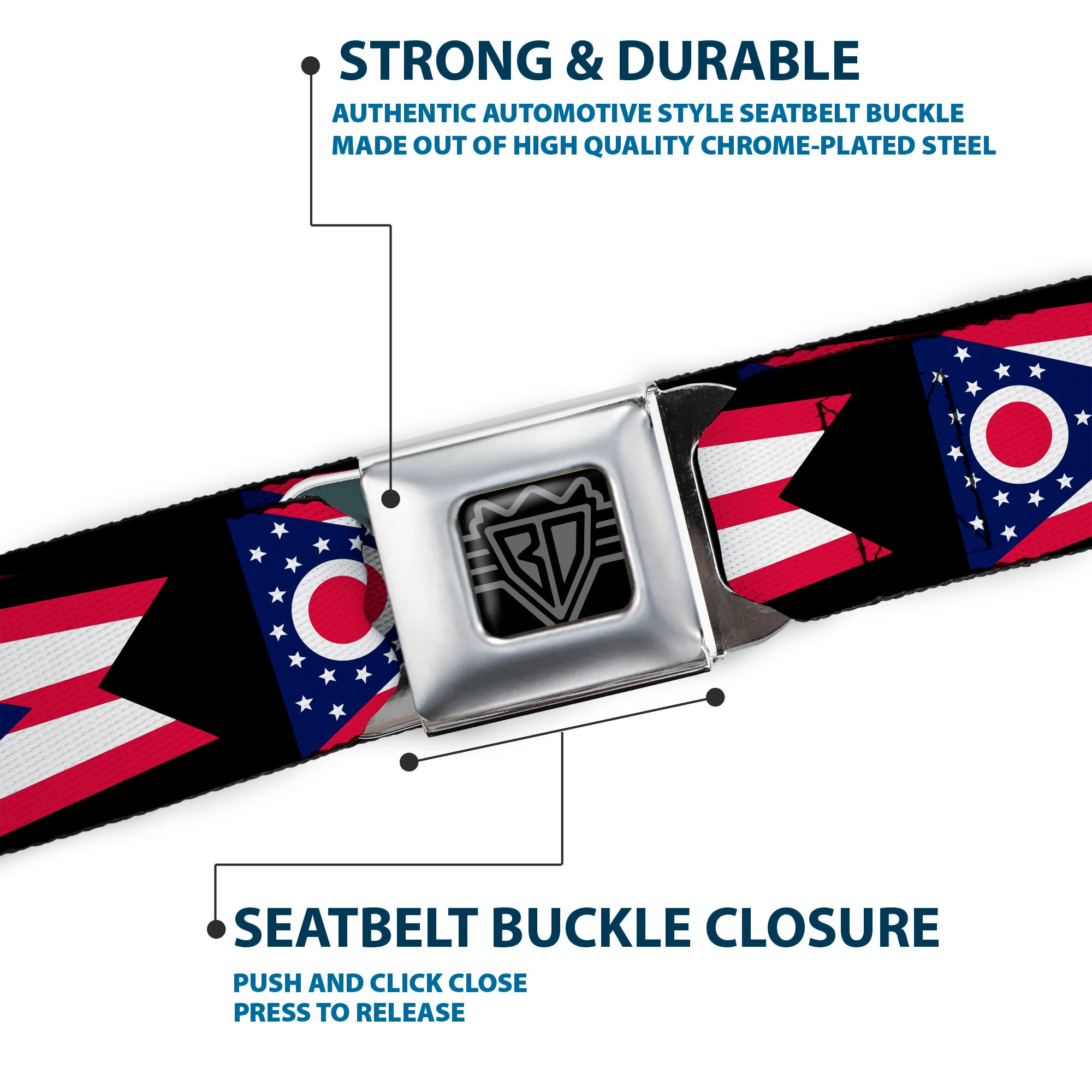 BD Wings Logo CLOSE-UP Full Color Black Silver Seatbelt Belt - Ohio Flag Repeat Black Webbing Seatbelt Belts Buckle-Down