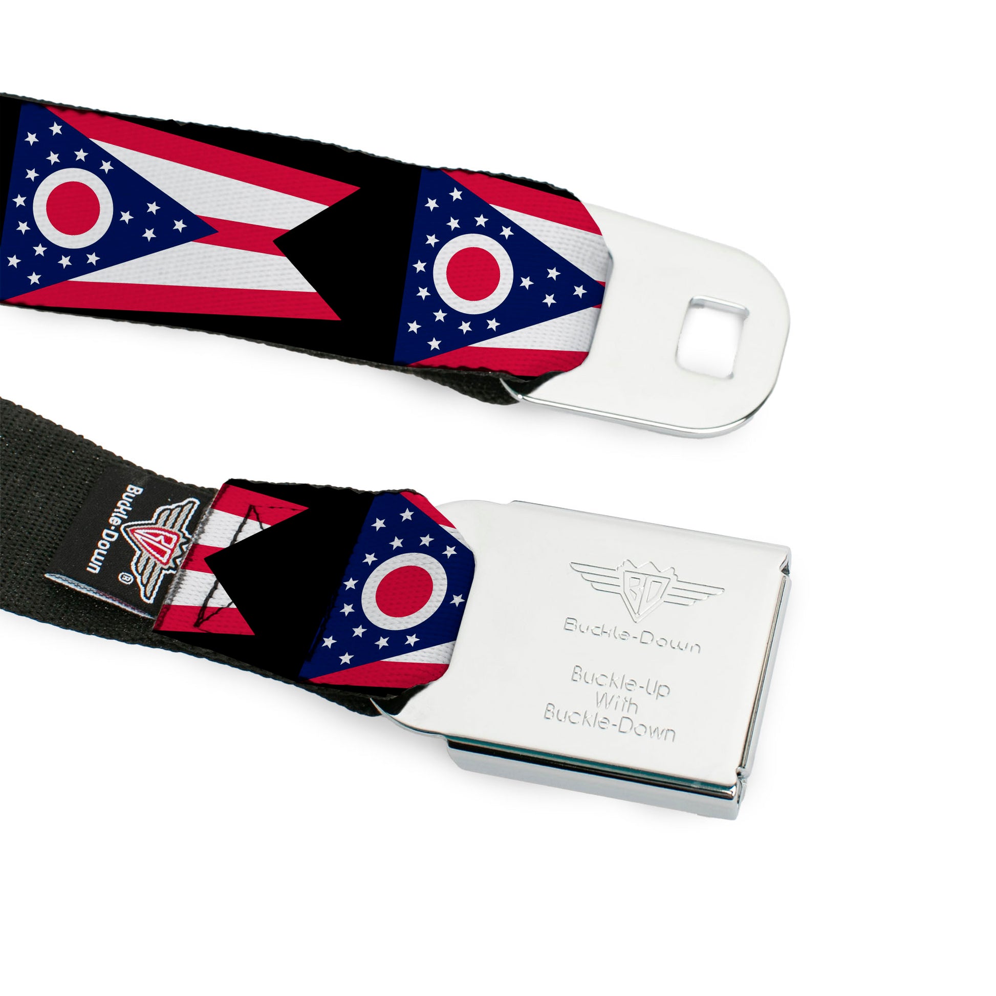 BD Wings Logo CLOSE-UP Full Color Black Silver Seatbelt Belt - Ohio Flag Repeat Black Webbing Seatbelt Belts Buckle-Down