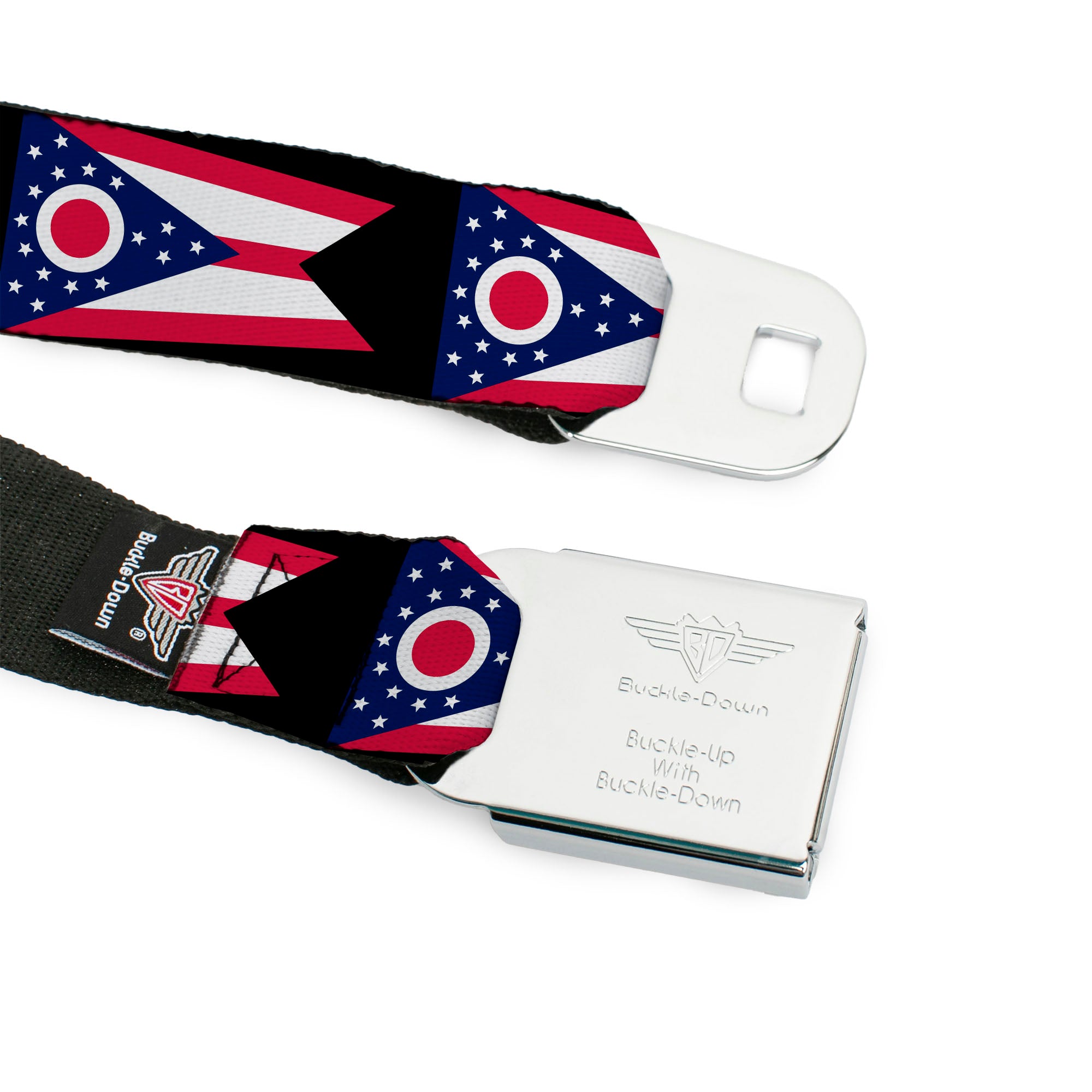 BD Wings Logo CLOSE-UP Full Color Black Silver Seatbelt Belt - Ohio Flag Repeat Black Webbing Seatbelt Belts Buckle-Down