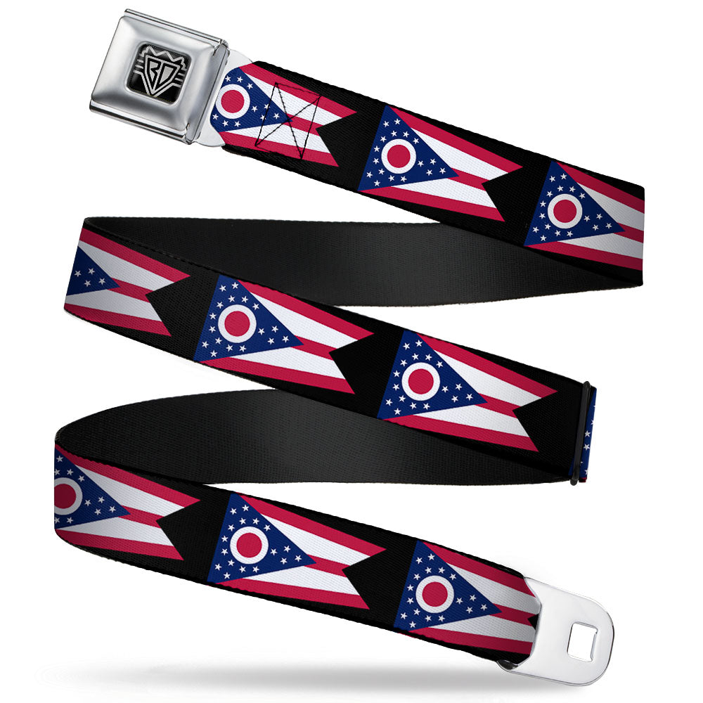 BD Wings Logo CLOSE-UP Full Color Black Silver Seatbelt Belt - Ohio Flag Repeat Black Webbing Seatbelt Belts Buckle-Down