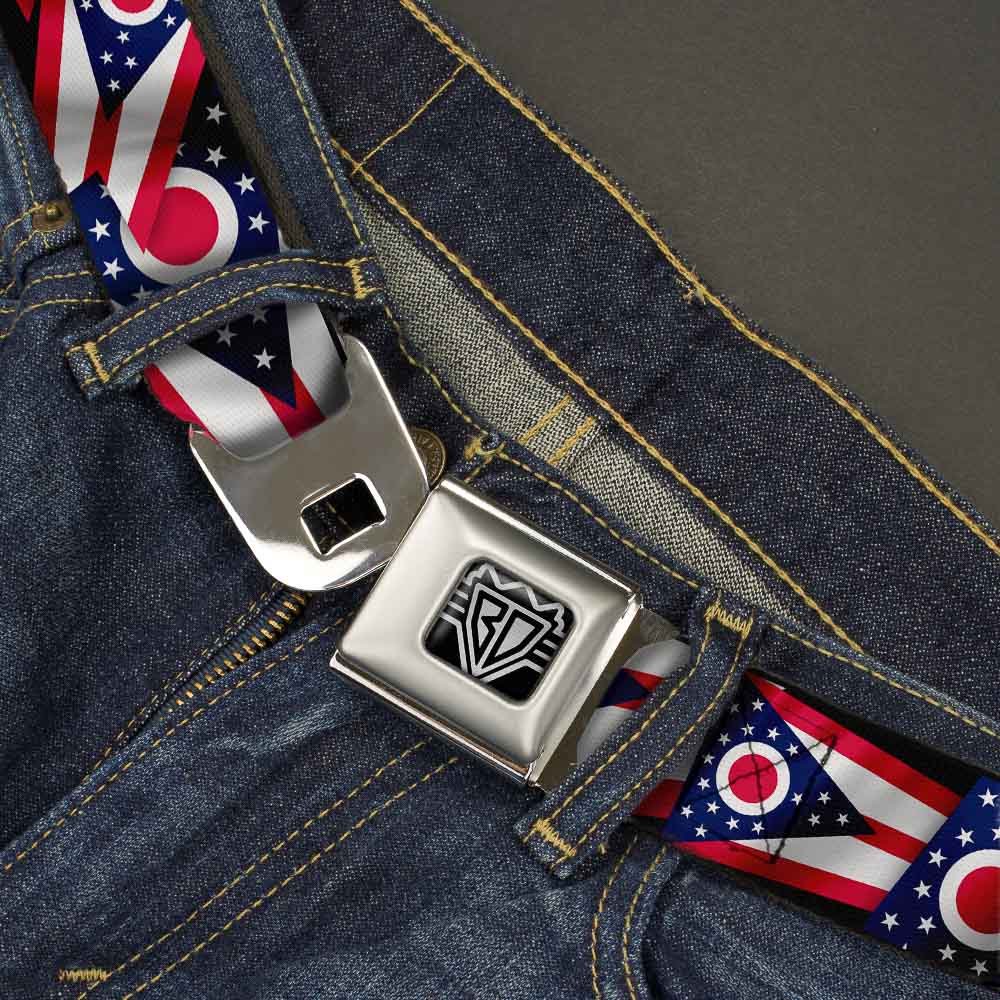 BD Wings Logo CLOSE-UP Full Color Black Silver Seatbelt Belt - Ohio Flags Stacked Webbing Seatbelt Belts Buckle-Down