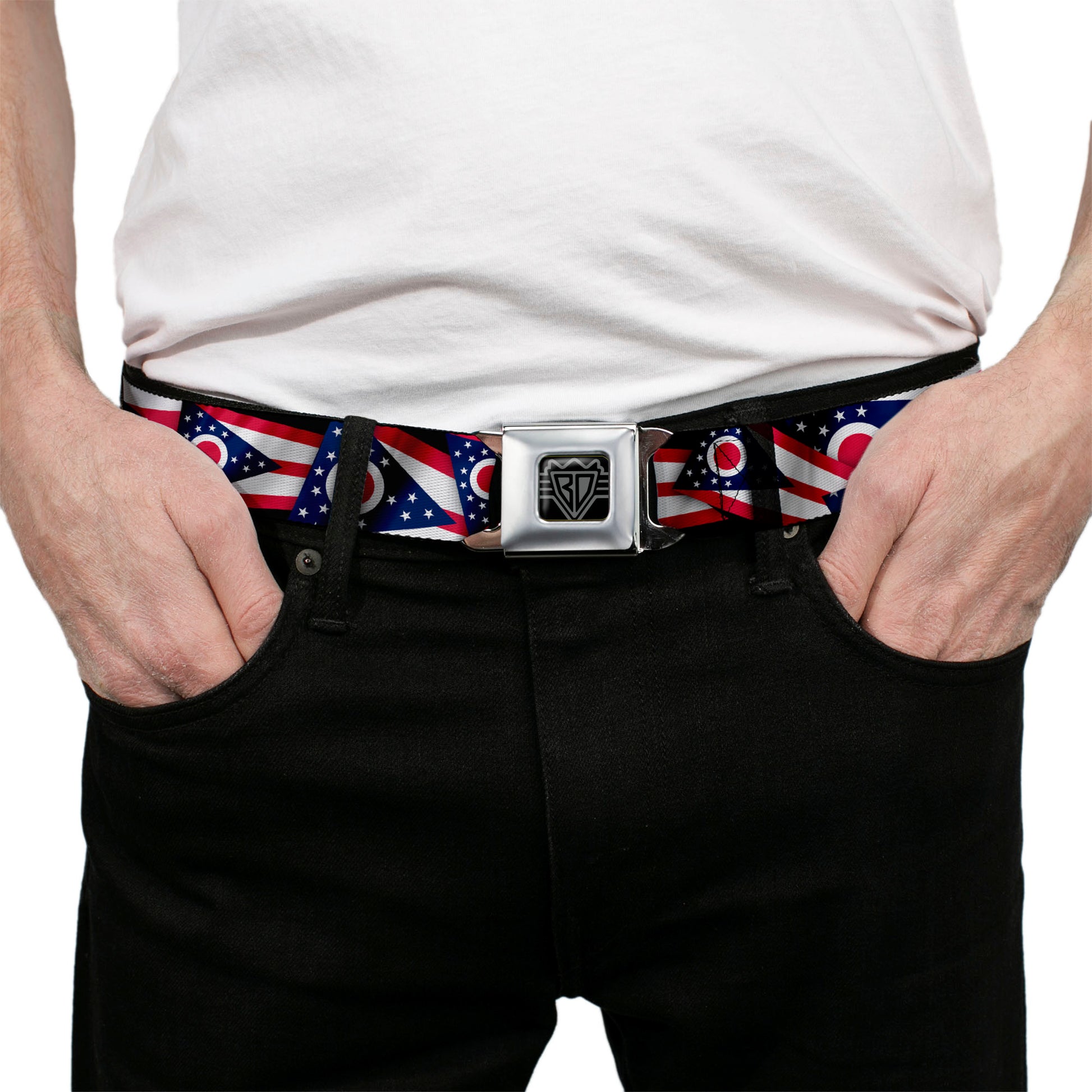 BD Wings Logo CLOSE-UP Full Color Black Silver Seatbelt Belt - Ohio Flags Stacked Webbing Seatbelt Belts Buckle-Down