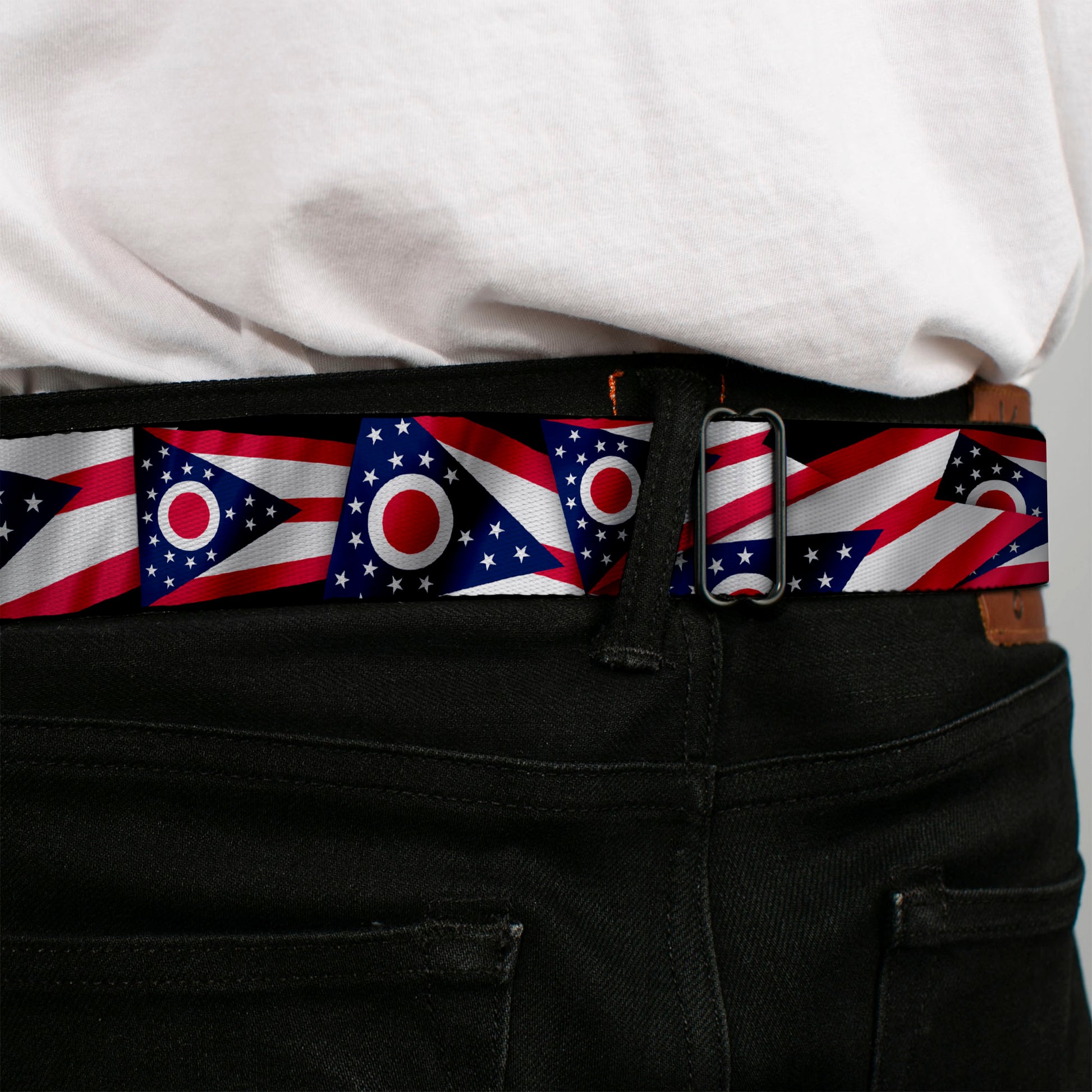 BD Wings Logo CLOSE-UP Full Color Black Silver Seatbelt Belt - Ohio Flags Stacked Webbing Seatbelt Belts Buckle-Down