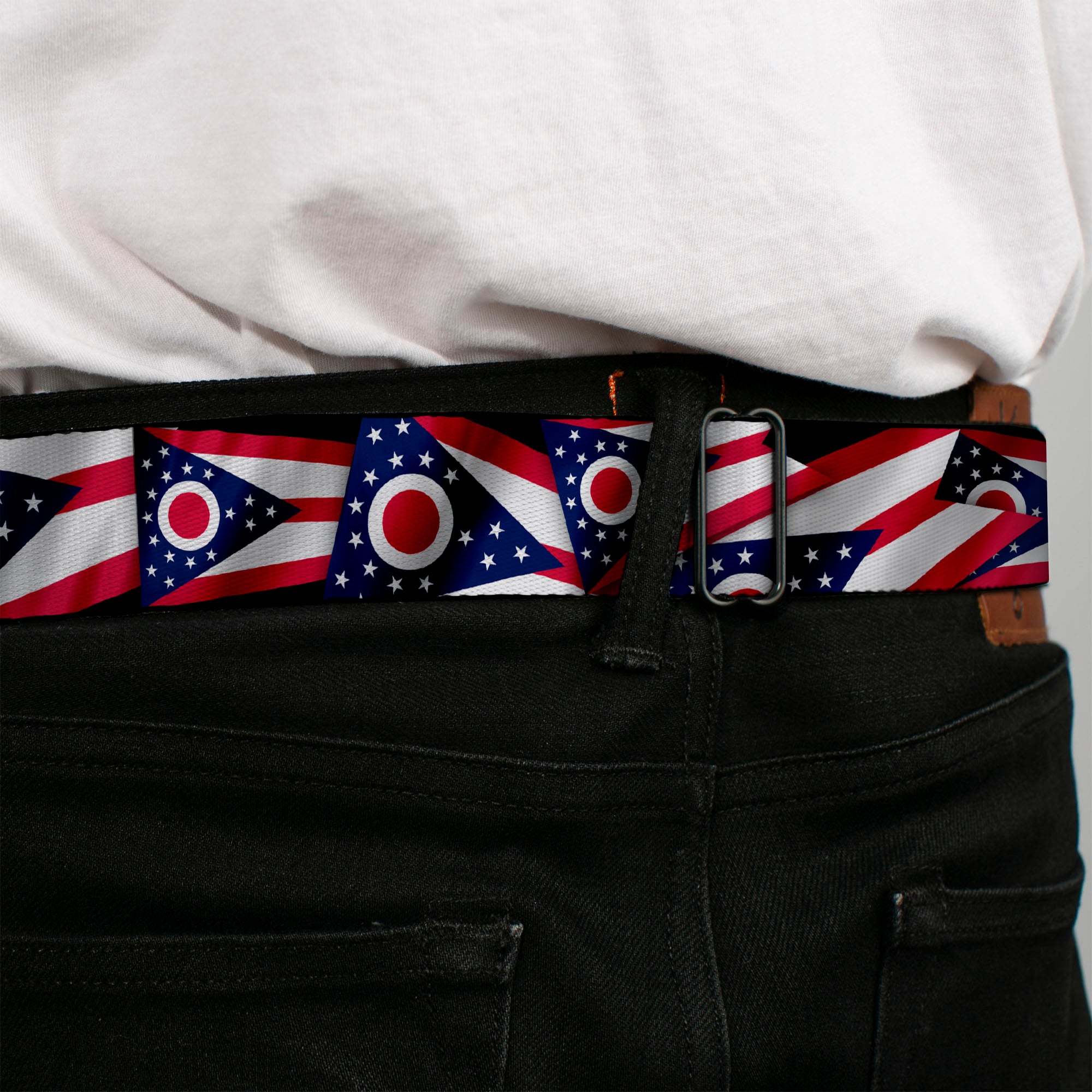 BD Wings Logo CLOSE-UP Full Color Black Silver Seatbelt Belt - Ohio Flags Stacked Webbing Seatbelt Belts Buckle-Down