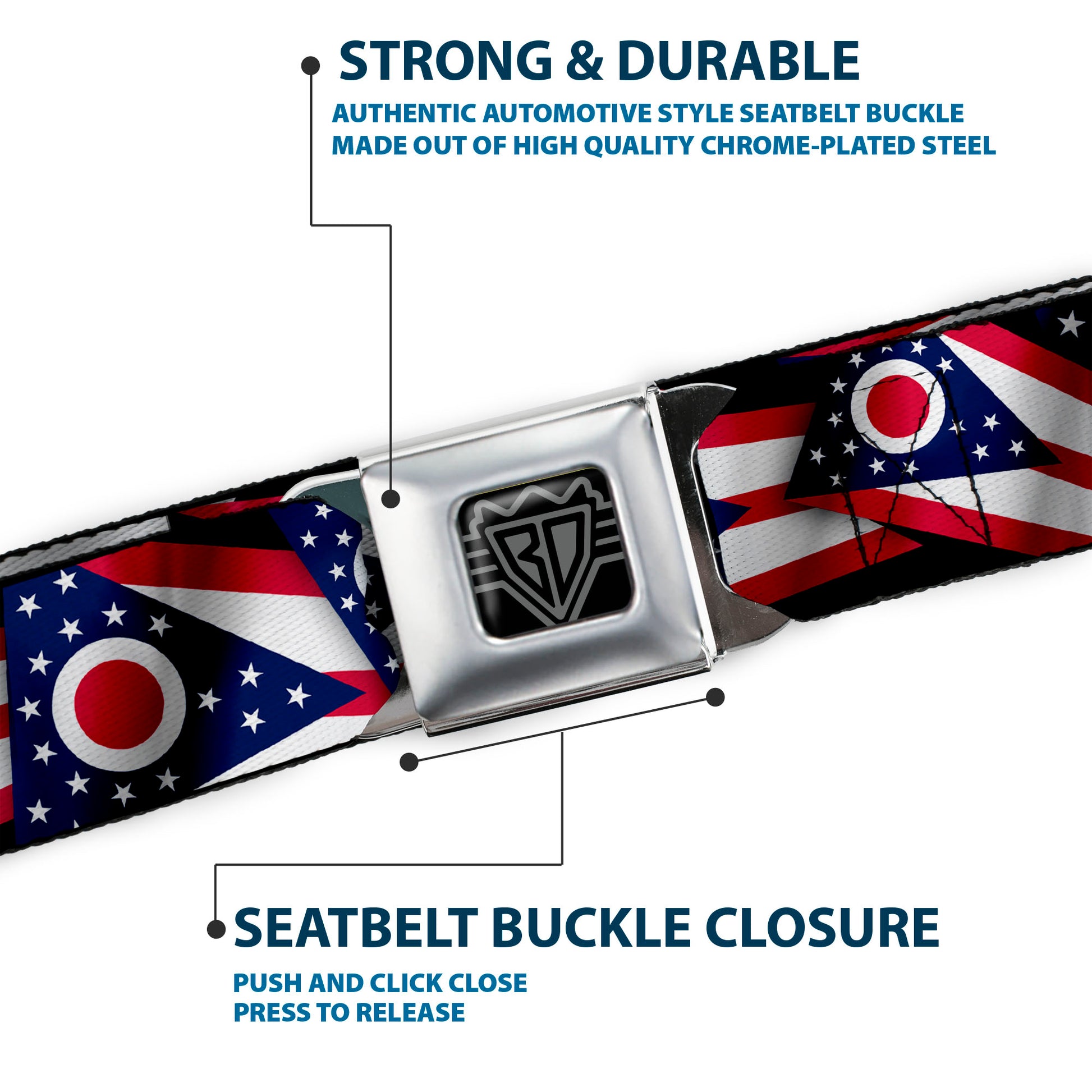 BD Wings Logo CLOSE-UP Full Color Black Silver Seatbelt Belt - Ohio Flags Stacked Webbing Seatbelt Belts Buckle-Down
