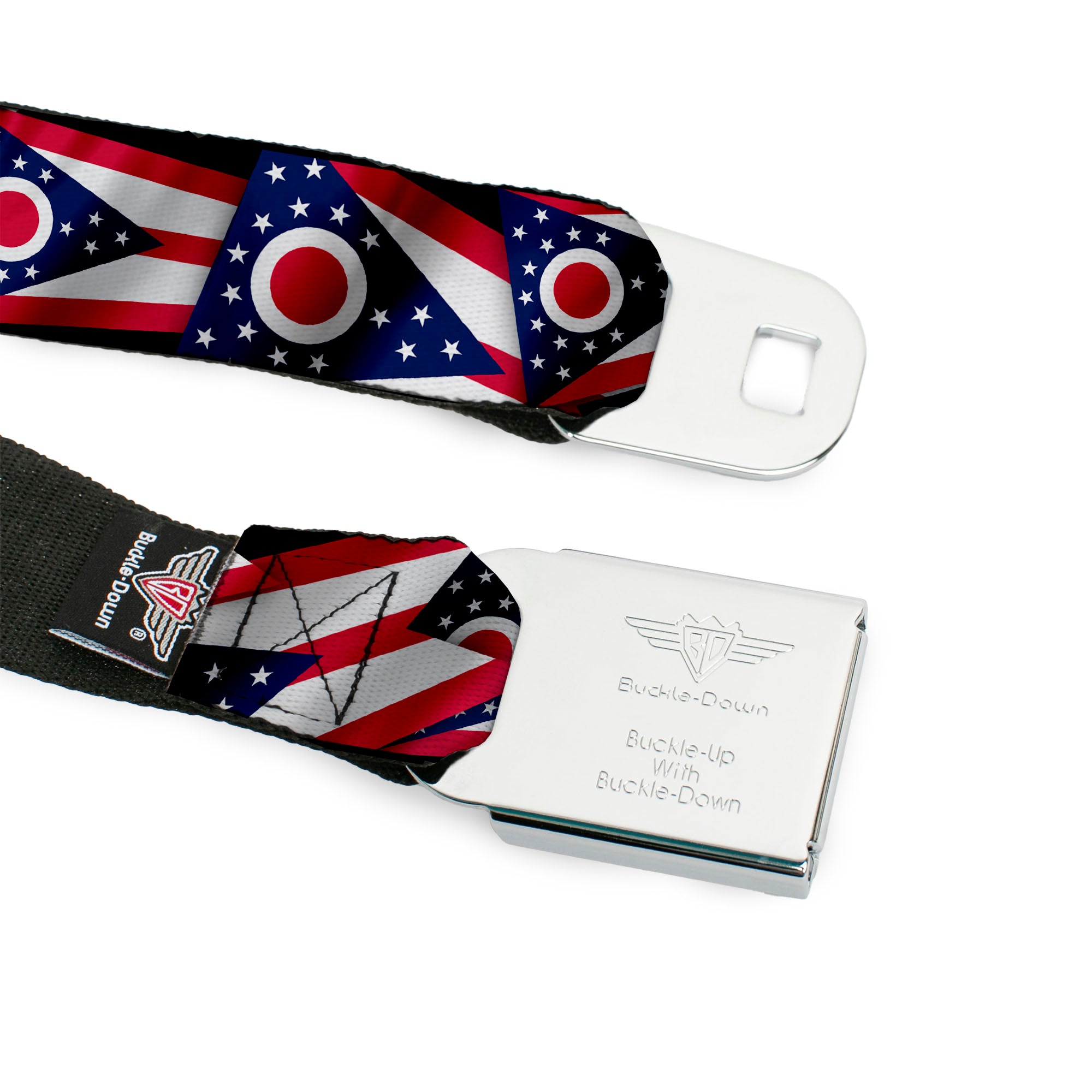 BD Wings Logo CLOSE-UP Full Color Black Silver Seatbelt Belt - Ohio Flags Stacked Webbing Seatbelt Belts Buckle-Down