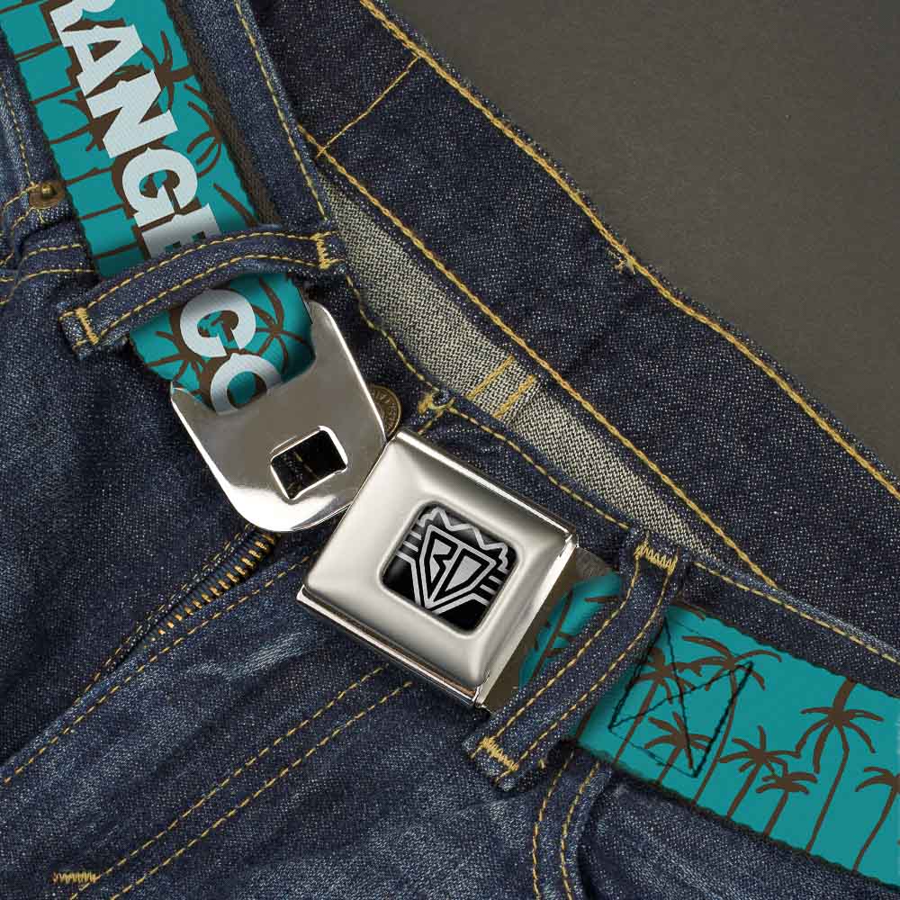BD Wings Logo CLOSE-UP Full Color Black Silver Seatbelt Belt - ORANGE COUNTY/Palm Trees Blue/Brown/Light Blue Webbing Seatbelt Belts Buckle-Down
