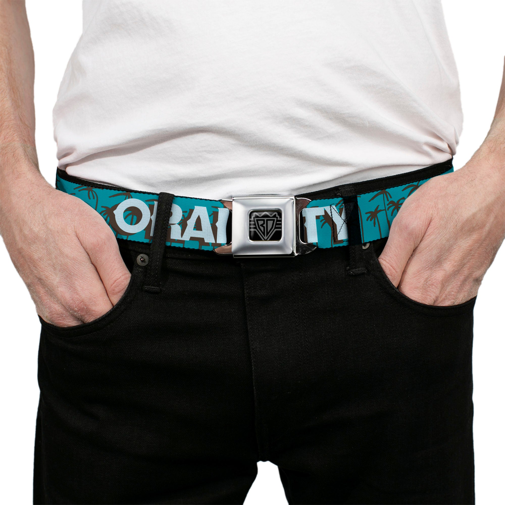 BD Wings Logo CLOSE-UP Full Color Black Silver Seatbelt Belt - ORANGE COUNTY/Palm Trees Blue/Brown/Light Blue Webbing Seatbelt Belts Buckle-Down