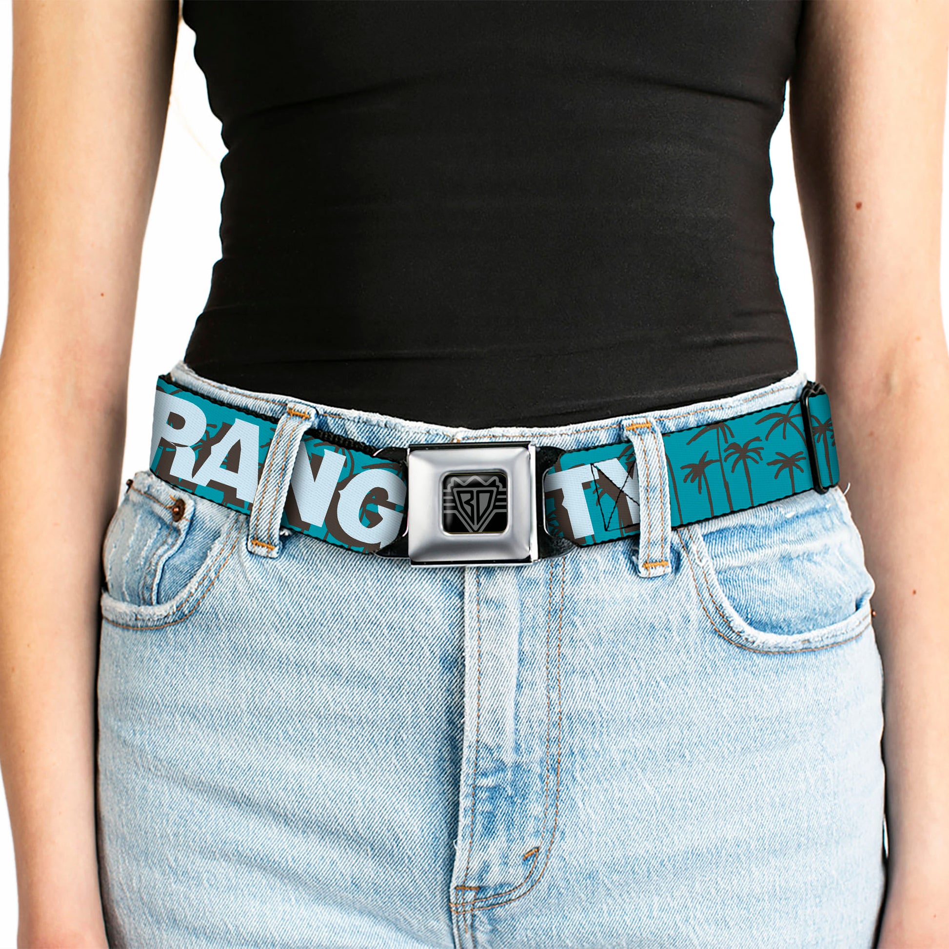 BD Wings Logo CLOSE-UP Full Color Black Silver Seatbelt Belt - ORANGE COUNTY/Palm Trees Blue/Brown/Light Blue Webbing Seatbelt Belts Buckle-Down