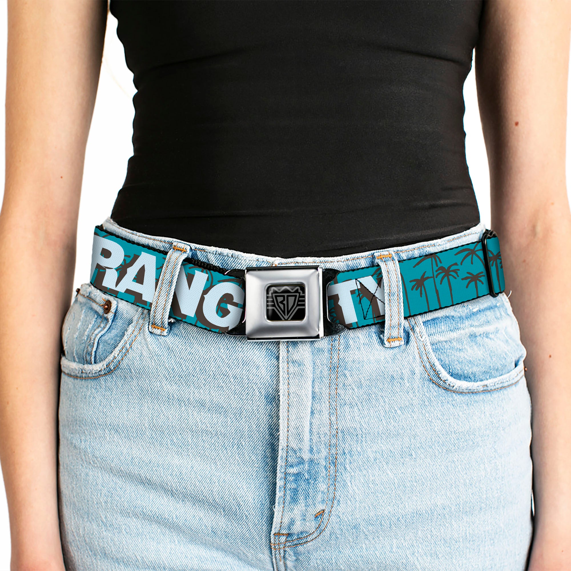 BD Wings Logo CLOSE-UP Full Color Black Silver Seatbelt Belt - ORANGE COUNTY/Palm Trees Blue/Brown/Light Blue Webbing Seatbelt Belts Buckle-Down