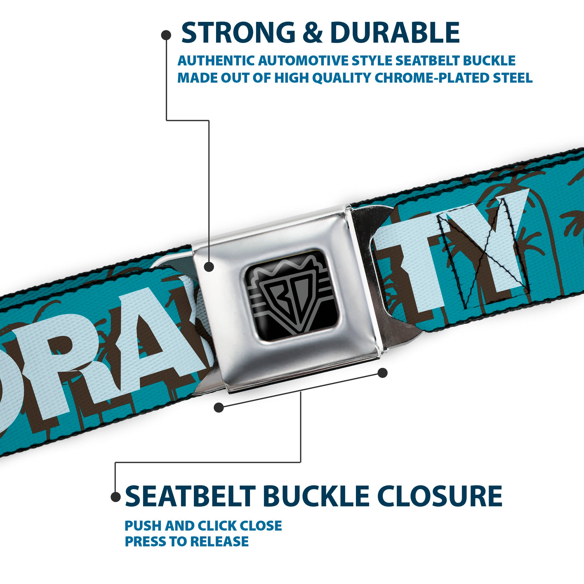 BD Wings Logo CLOSE-UP Full Color Black Silver Seatbelt Belt - ORANGE COUNTY/Palm Trees Blue/Brown/Light Blue Webbing Seatbelt Belts Buckle-Down