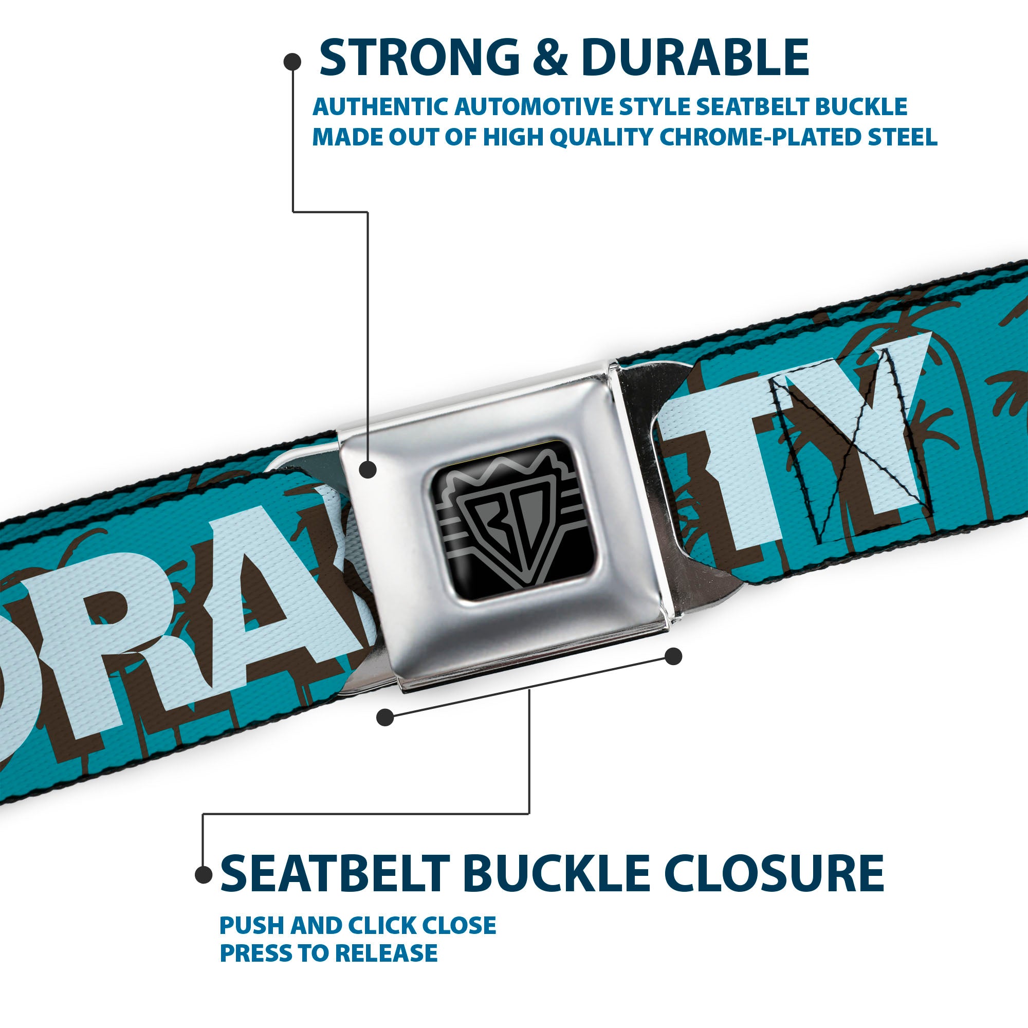 BD Wings Logo CLOSE-UP Full Color Black Silver Seatbelt Belt - ORANGE COUNTY/Palm Trees Blue/Brown/Light Blue Webbing Seatbelt Belts Buckle-Down