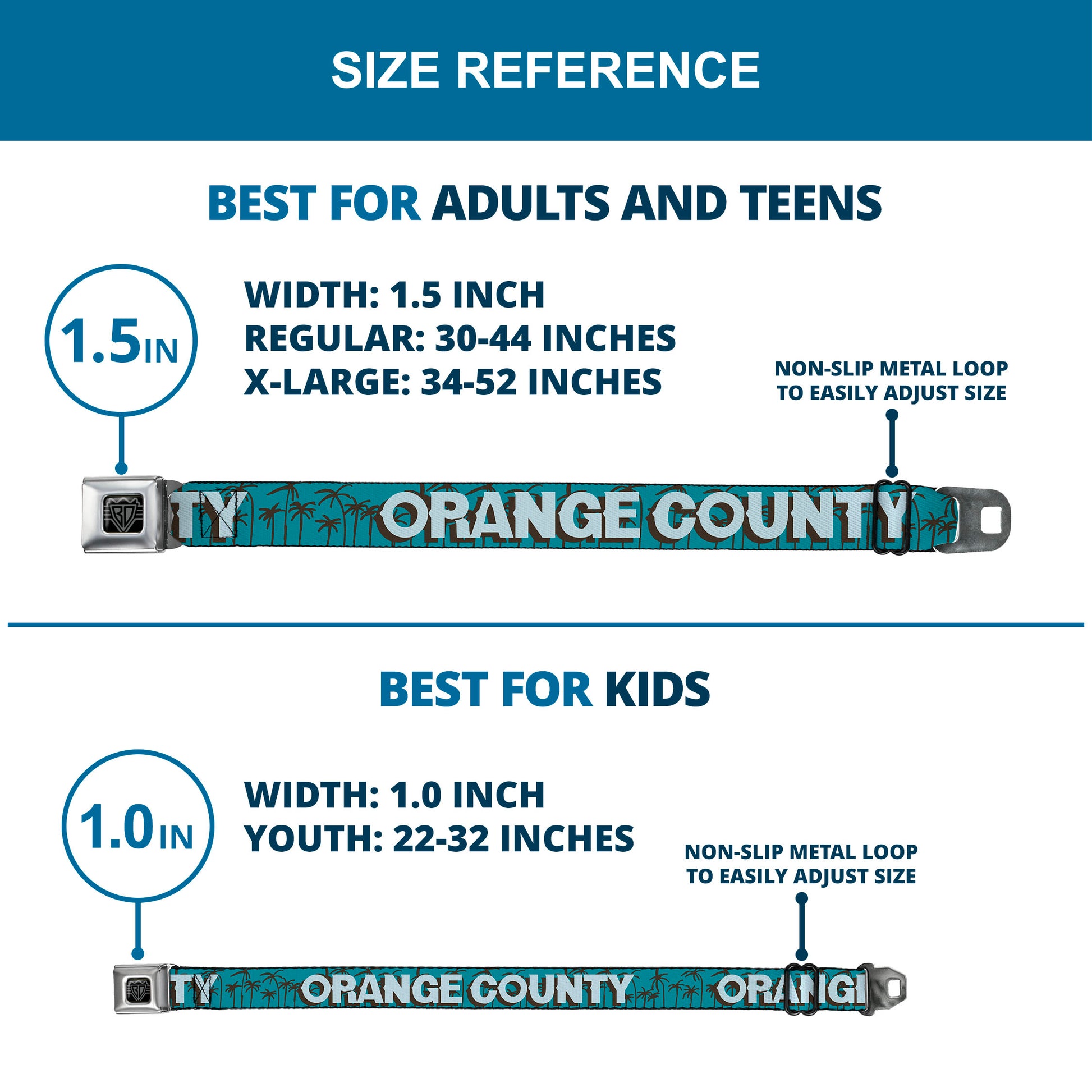 BD Wings Logo CLOSE-UP Full Color Black Silver Seatbelt Belt - ORANGE COUNTY/Palm Trees Blue/Brown/Light Blue Webbing Seatbelt Belts Buckle-Down