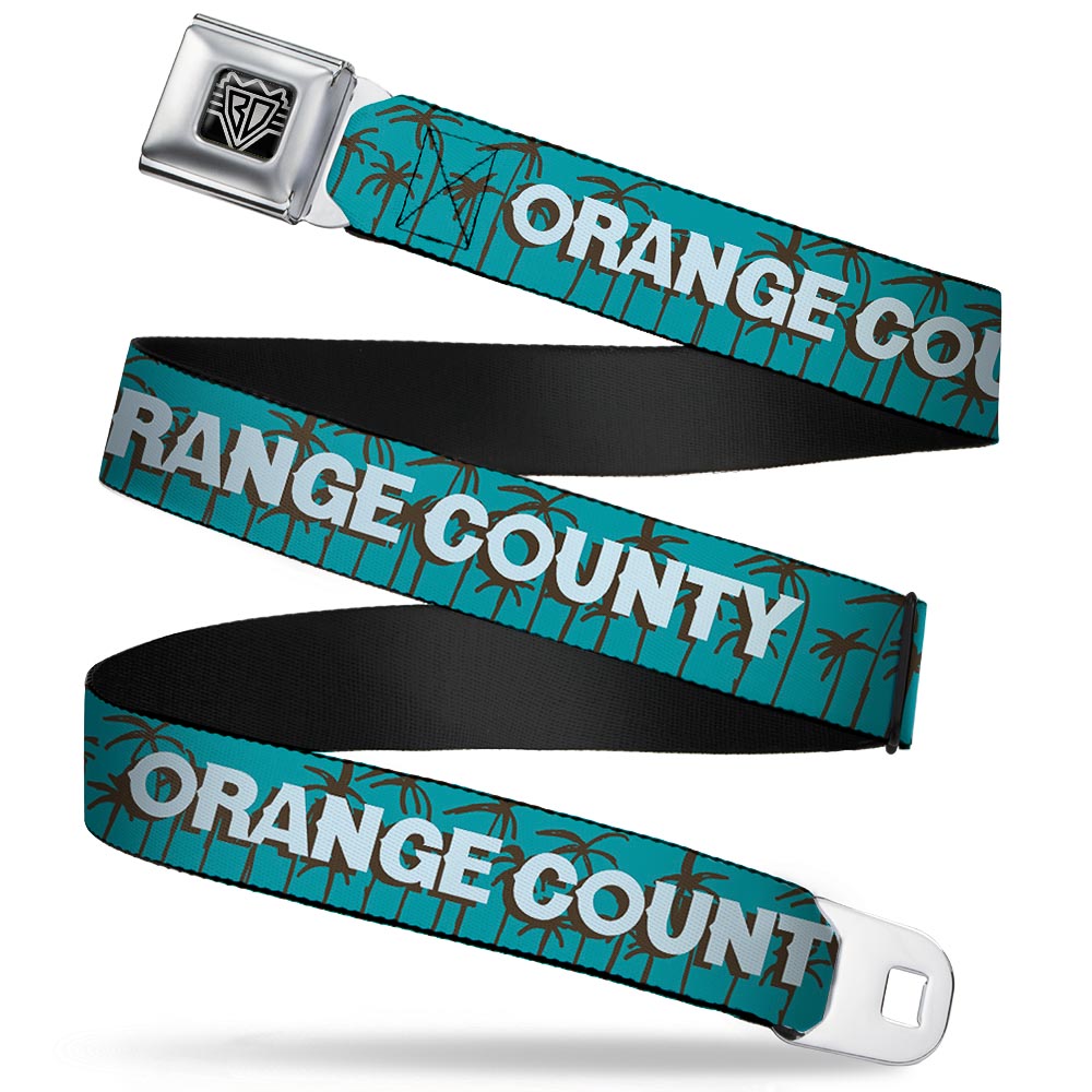 BD Wings Logo CLOSE-UP Full Color Black Silver Seatbelt Belt - ORANGE COUNTY/Palm Trees Blue/Brown/Light Blue Webbing Seatbelt Belts Buckle-Down