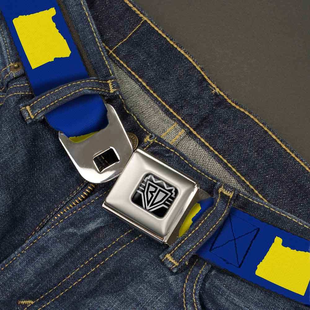 BD Wings Logo CLOSE-UP Full Color Black Silver Seatbelt Belt - Oregon State Silhouette Blue/Yellow Webbing Seatbelt Belts Buckle-Down