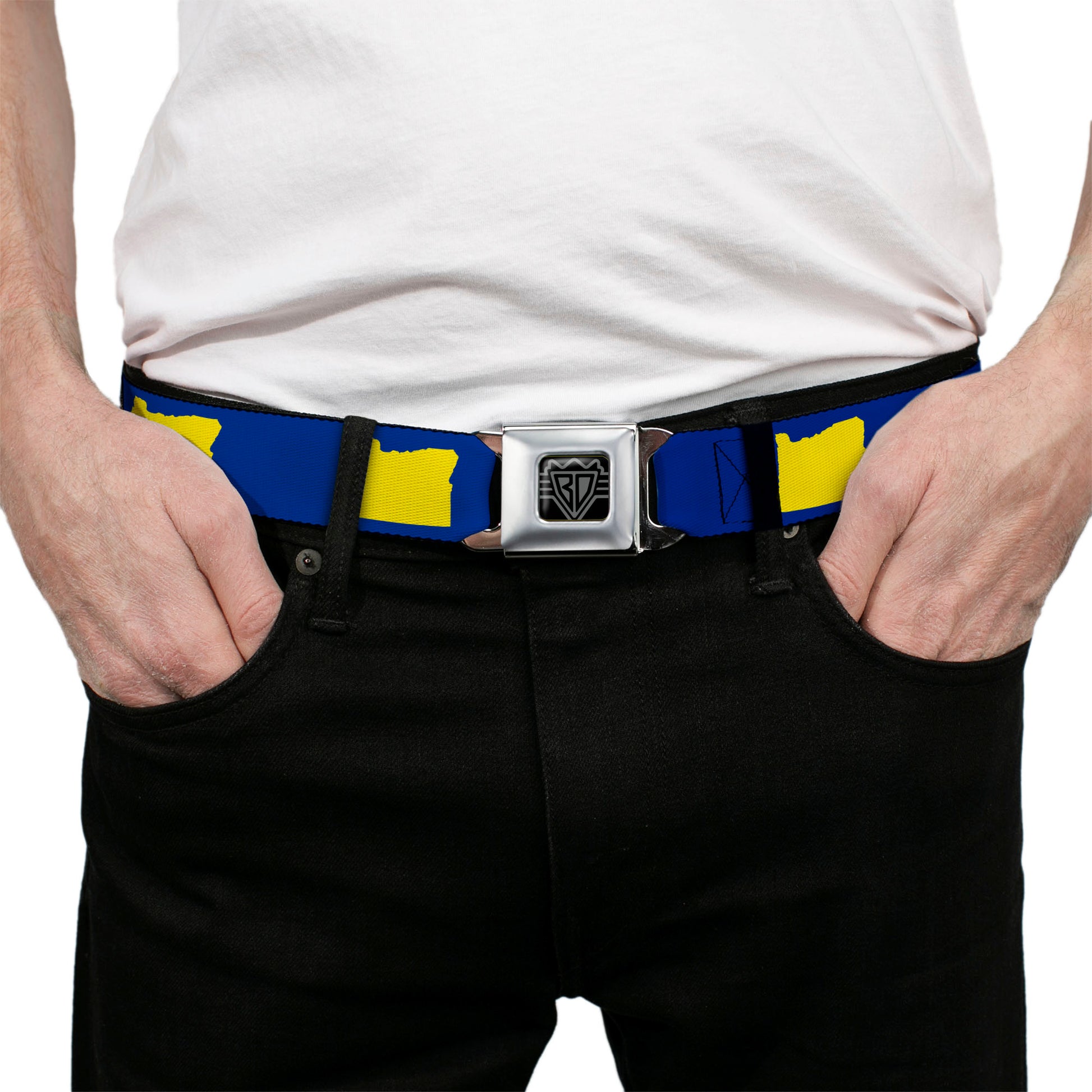 BD Wings Logo CLOSE-UP Full Color Black Silver Seatbelt Belt - Oregon State Silhouette Blue/Yellow Webbing Seatbelt Belts Buckle-Down