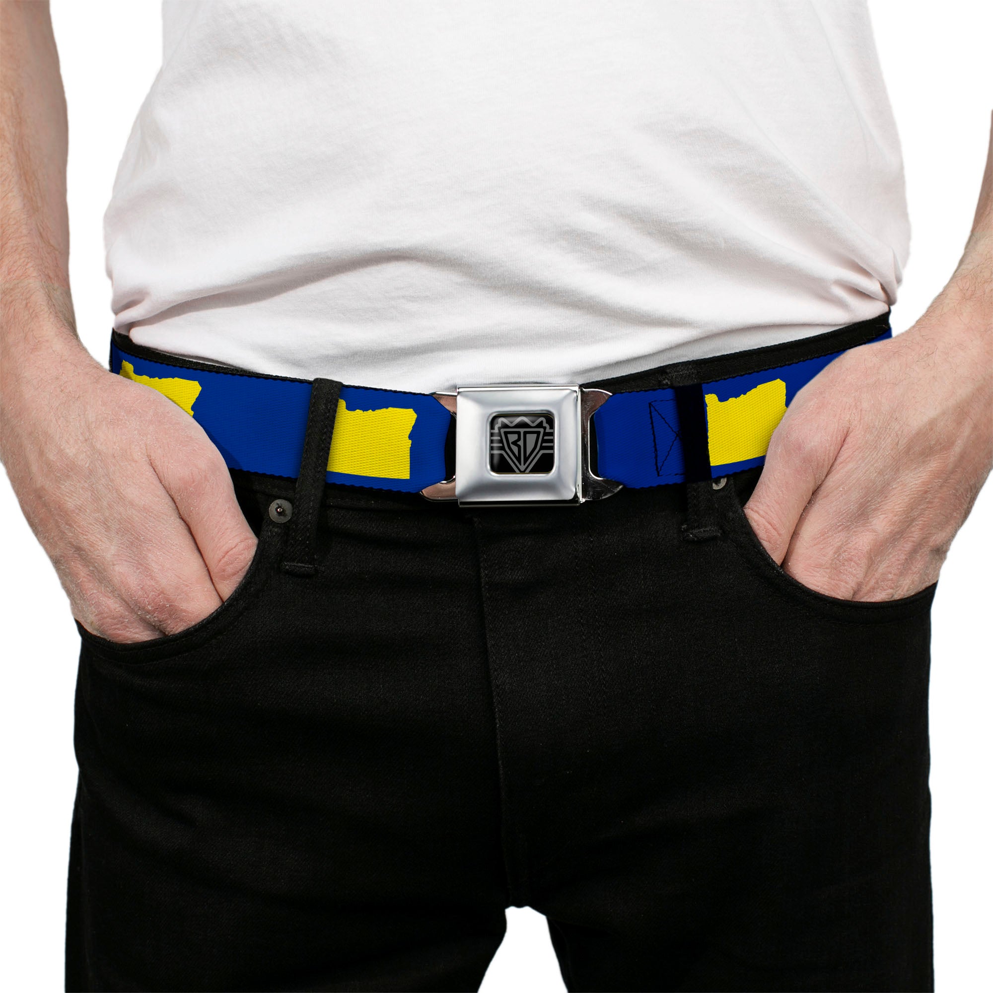 BD Wings Logo CLOSE-UP Full Color Black Silver Seatbelt Belt - Oregon State Silhouette Blue/Yellow Webbing Seatbelt Belts Buckle-Down