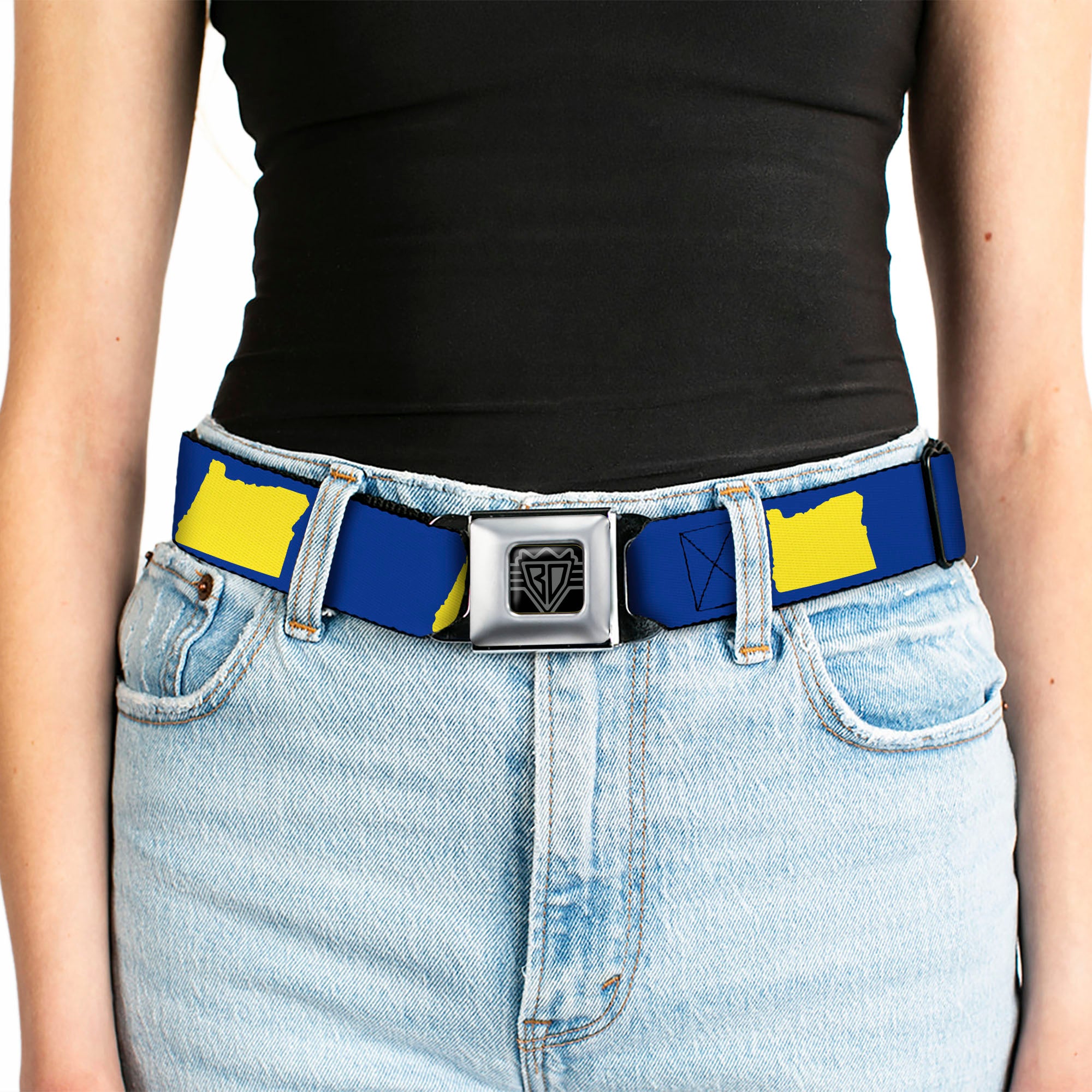 BD Wings Logo CLOSE-UP Full Color Black Silver Seatbelt Belt - Oregon State Silhouette Blue/Yellow Webbing Seatbelt Belts Buckle-Down