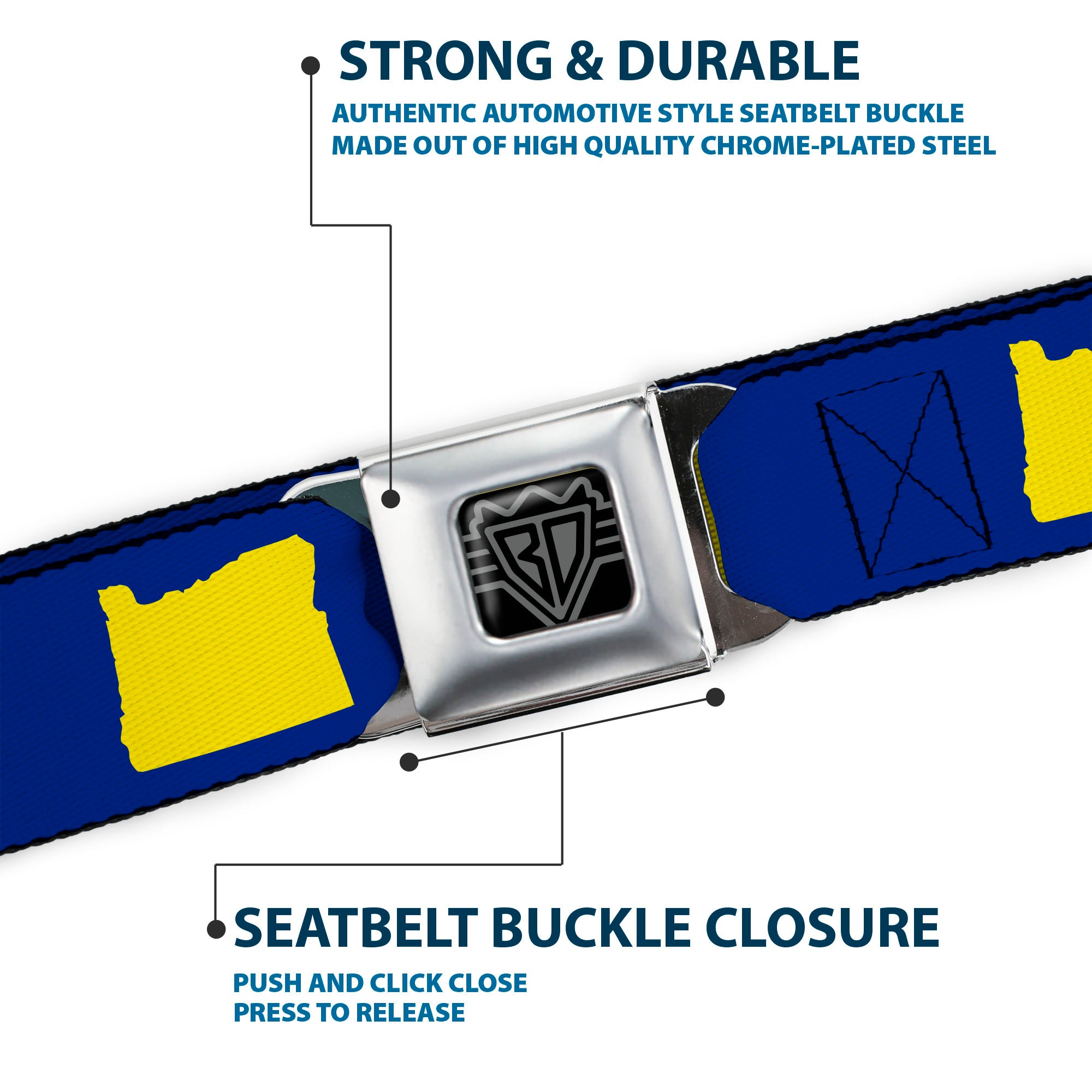 BD Wings Logo CLOSE-UP Full Color Black Silver Seatbelt Belt - Oregon State Silhouette Blue/Yellow Webbing Seatbelt Belts Buckle-Down