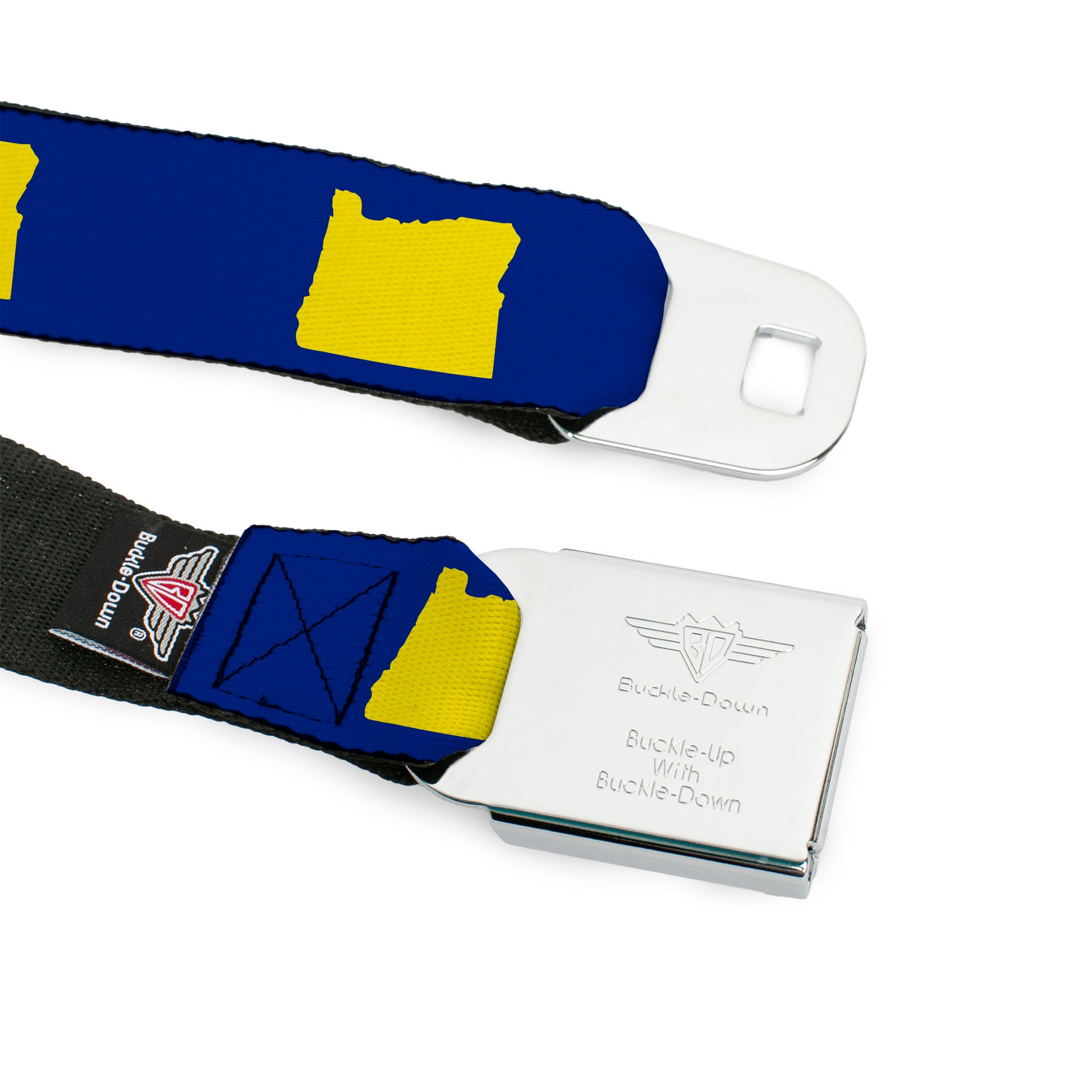 BD Wings Logo CLOSE-UP Full Color Black Silver Seatbelt Belt - Oregon State Silhouette Blue/Yellow Webbing Seatbelt Belts Buckle-Down