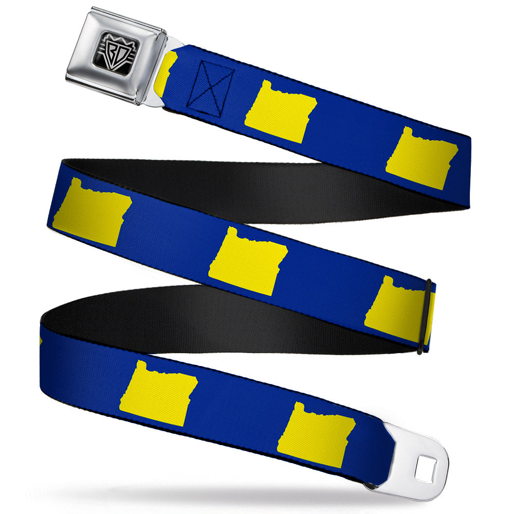BD Wings Logo CLOSE-UP Full Color Black Silver Seatbelt Belt - Oregon State Silhouette Blue/Yellow Webbing Seatbelt Belts Buckle-Down