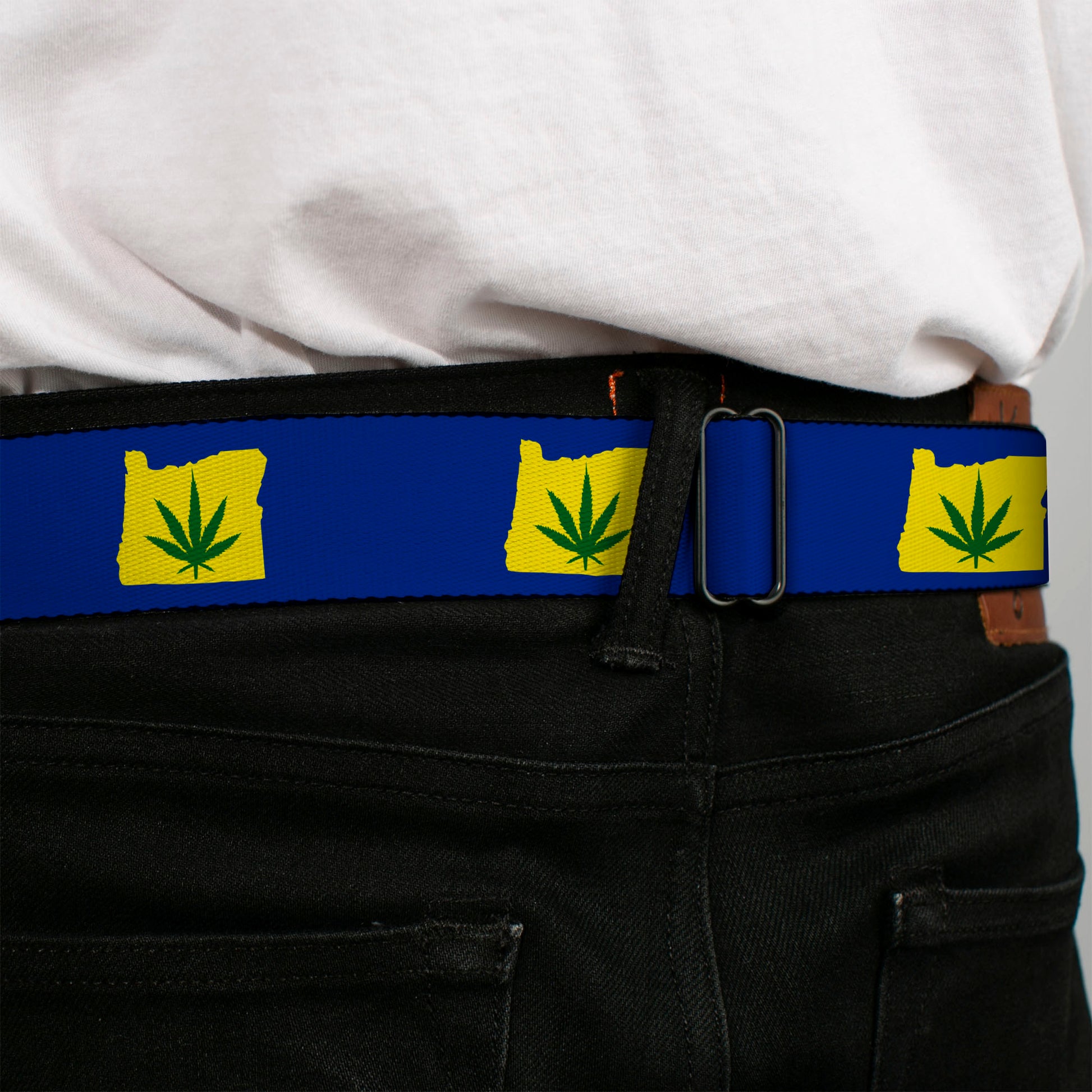 BD Wings Logo CLOSE-UP Full Color Black Silver Seatbelt Belt - Oregon State Silhouette/Marijuana Leaf Blue/Yellow/Green Webbing Seatbelt Belts Buckle-Down