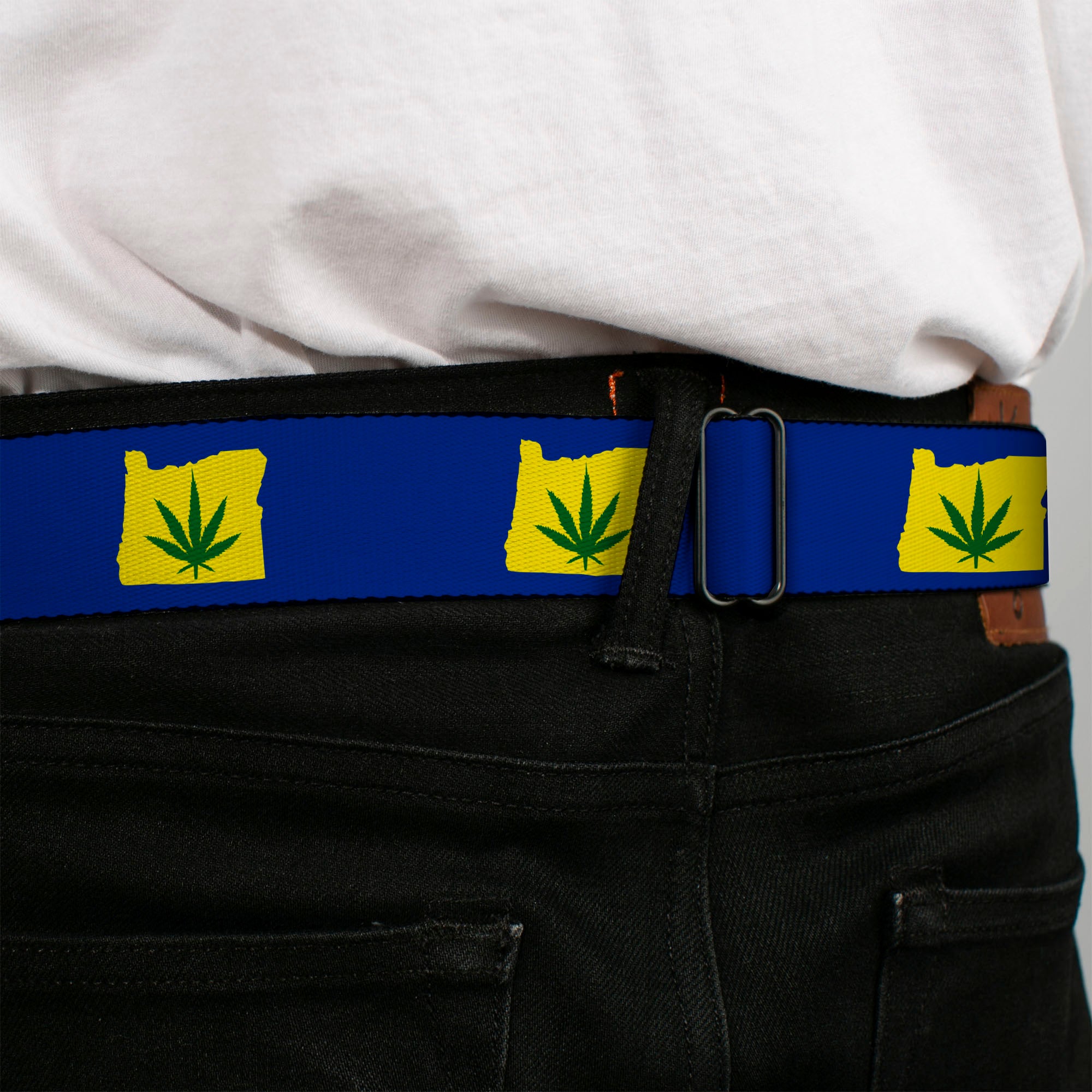 BD Wings Logo CLOSE-UP Full Color Black Silver Seatbelt Belt - Oregon State Silhouette/Marijuana Leaf Blue/Yellow/Green Webbing Seatbelt Belts Buckle-Down