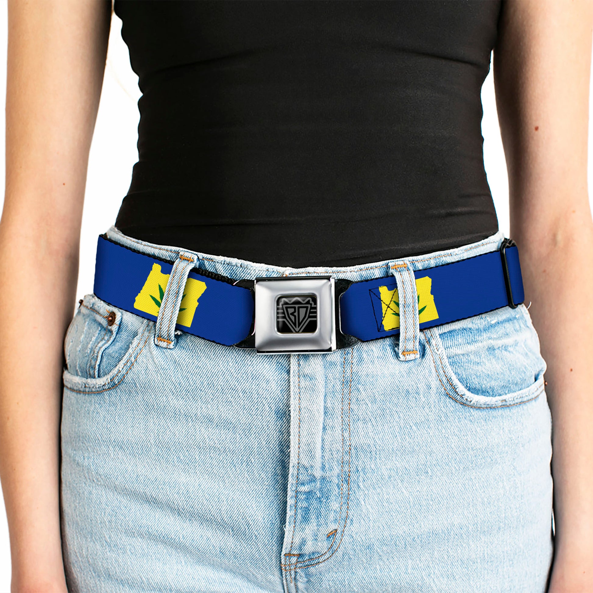 BD Wings Logo CLOSE-UP Full Color Black Silver Seatbelt Belt - Oregon State Silhouette/Marijuana Leaf Blue/Yellow/Green Webbing Seatbelt Belts Buckle-Down