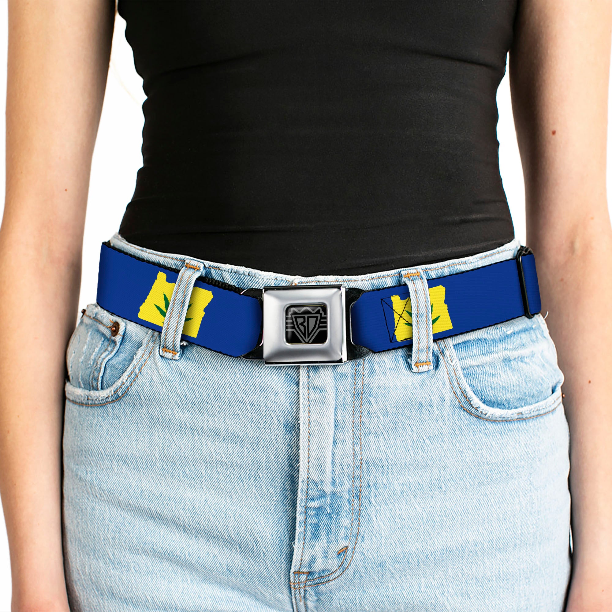 BD Wings Logo CLOSE-UP Full Color Black Silver Seatbelt Belt - Oregon State Silhouette/Marijuana Leaf Blue/Yellow/Green Webbing Seatbelt Belts Buckle-Down