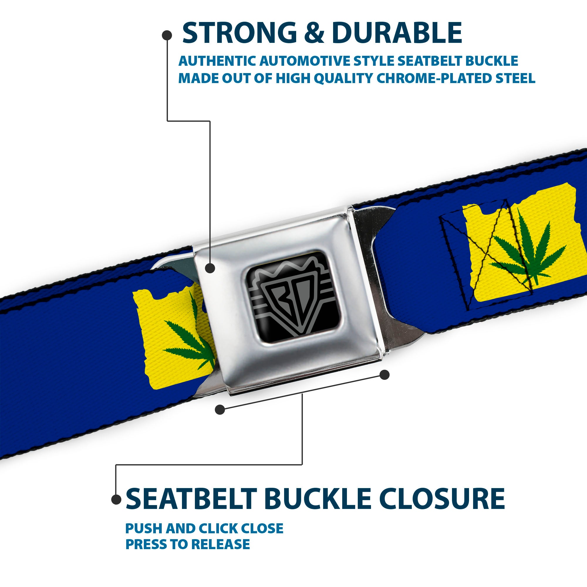 BD Wings Logo CLOSE-UP Full Color Black Silver Seatbelt Belt - Oregon State Silhouette/Marijuana Leaf Blue/Yellow/Green Webbing Seatbelt Belts Buckle-Down