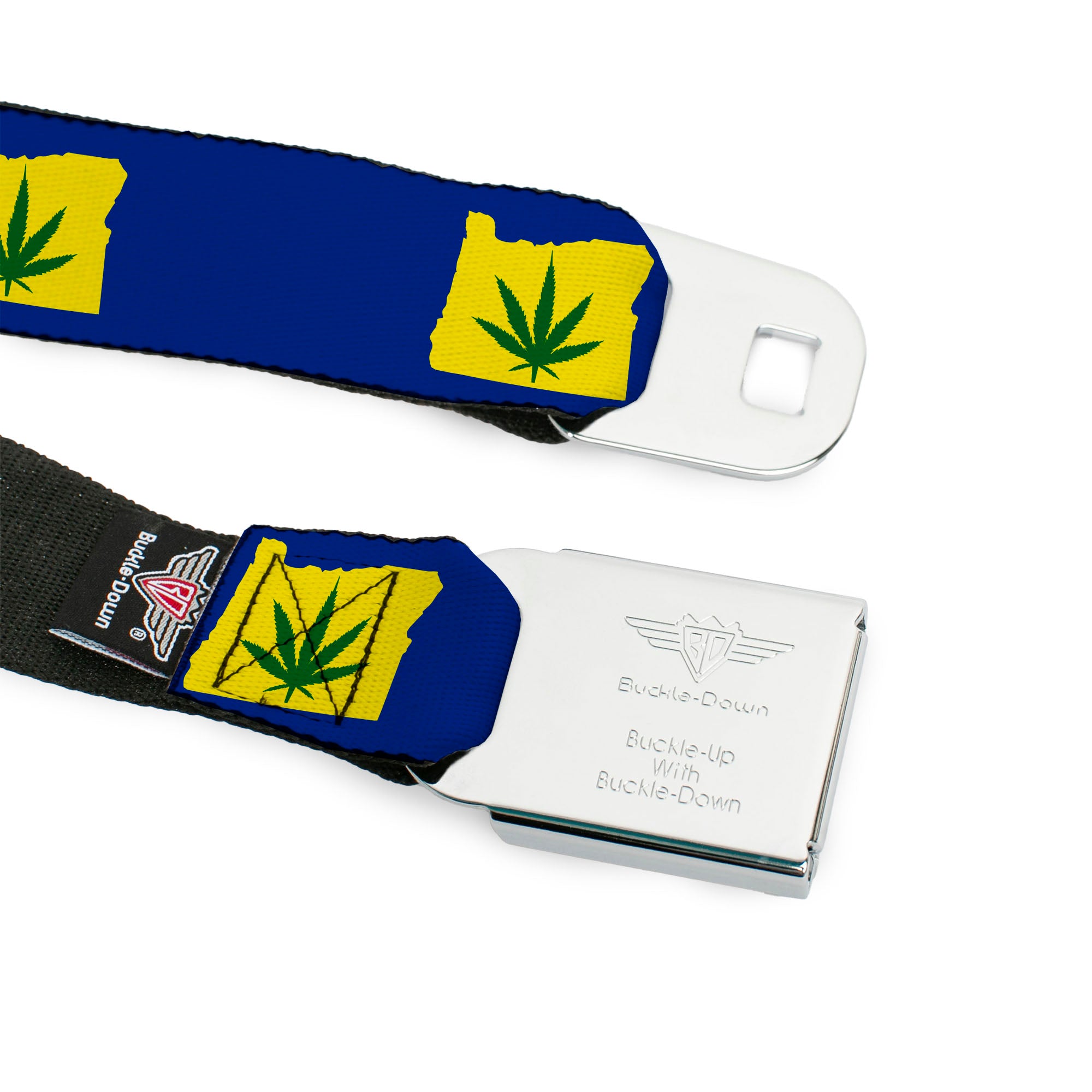 BD Wings Logo CLOSE-UP Full Color Black Silver Seatbelt Belt - Oregon State Silhouette/Marijuana Leaf Blue/Yellow/Green Webbing Seatbelt Belts Buckle-Down