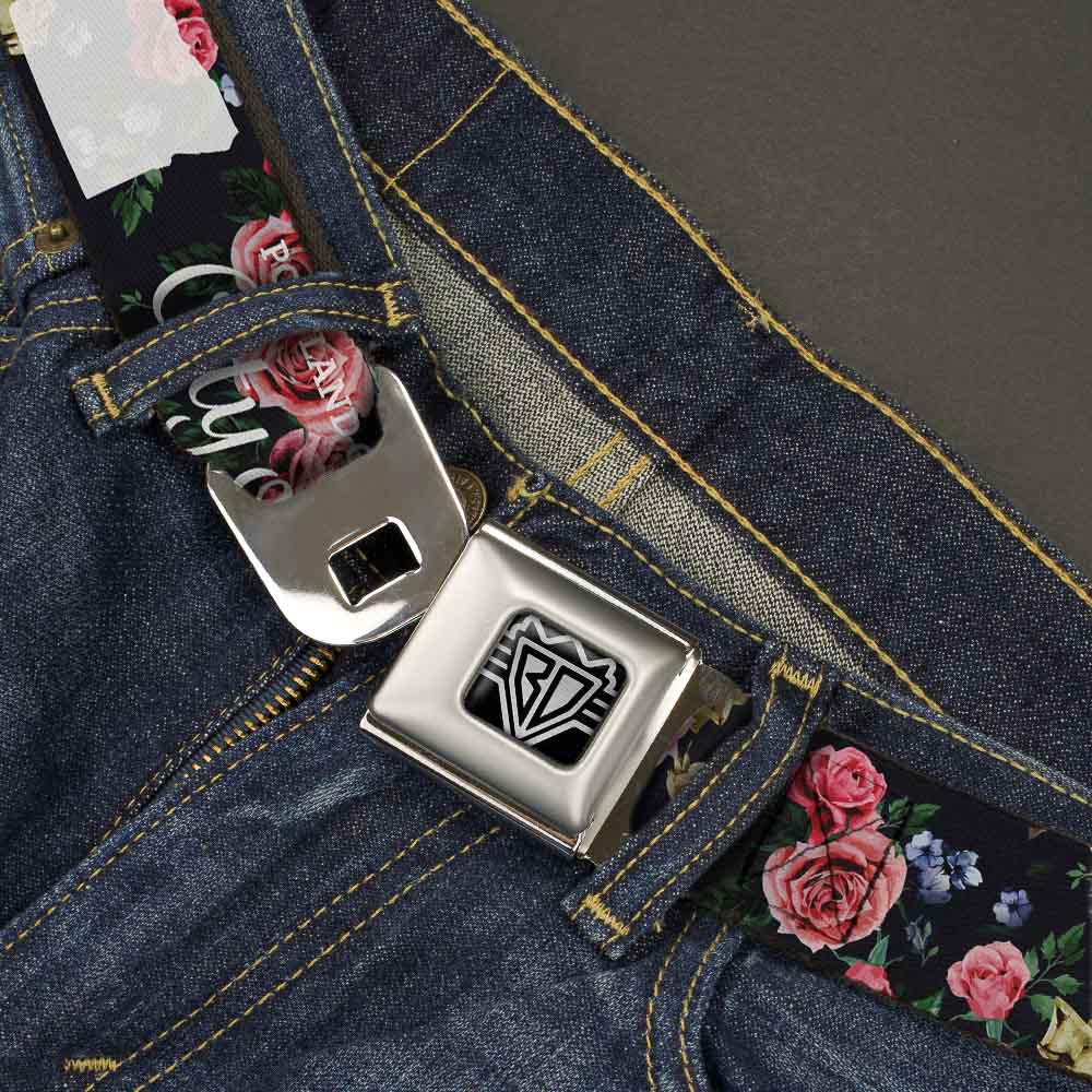 BD Wings Logo CLOSE-UP Full Color Black Silver Seatbelt Belt - Oregon Silhouette/PORTLAND OREGON-CITY OF ROSES Roses/White Webbing Seatbelt Belts Buckle-Down