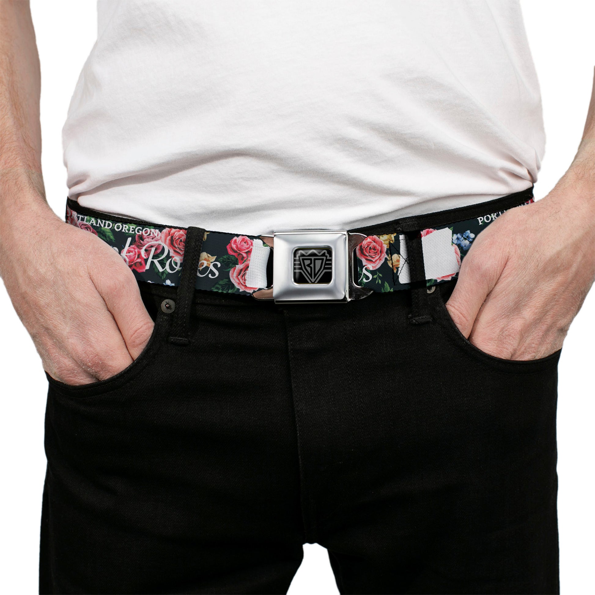BD Wings Logo CLOSE-UP Full Color Black Silver Seatbelt Belt - Oregon Silhouette/PORTLAND OREGON-CITY OF ROSES Roses/White Webbing Seatbelt Belts Buckle-Down