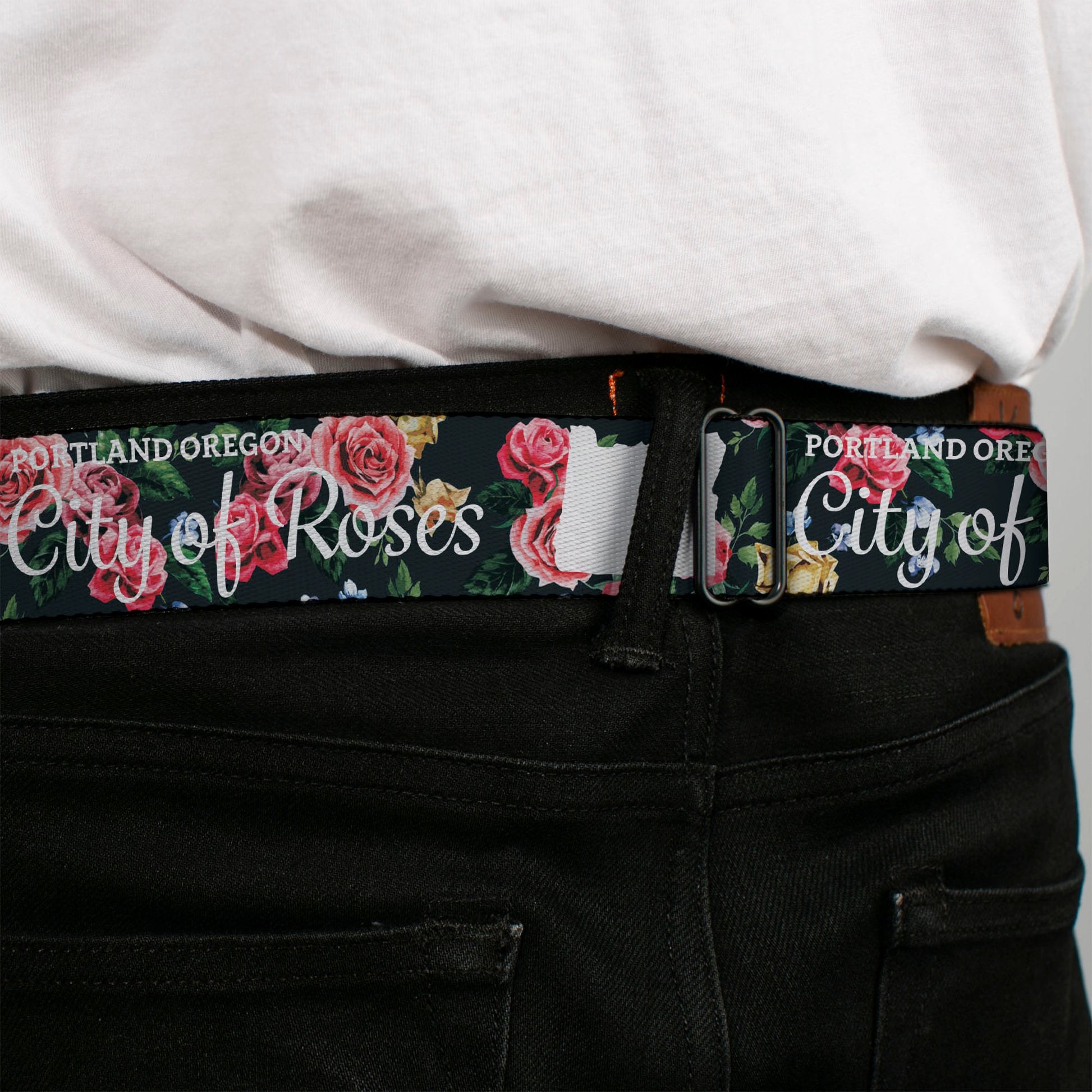 BD Wings Logo CLOSE-UP Full Color Black Silver Seatbelt Belt - Oregon Silhouette/PORTLAND OREGON-CITY OF ROSES Roses/White Webbing Seatbelt Belts Buckle-Down