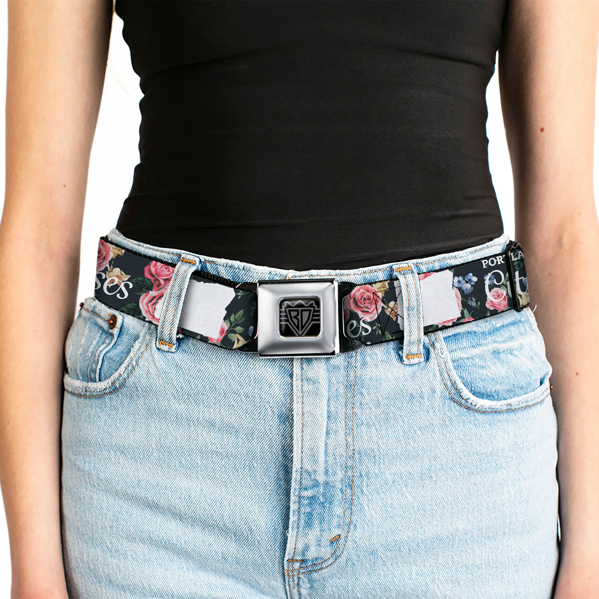 BD Wings Logo CLOSE-UP Full Color Black Silver Seatbelt Belt - Oregon Silhouette/PORTLAND OREGON-CITY OF ROSES Roses/White Webbing Seatbelt Belts Buckle-Down