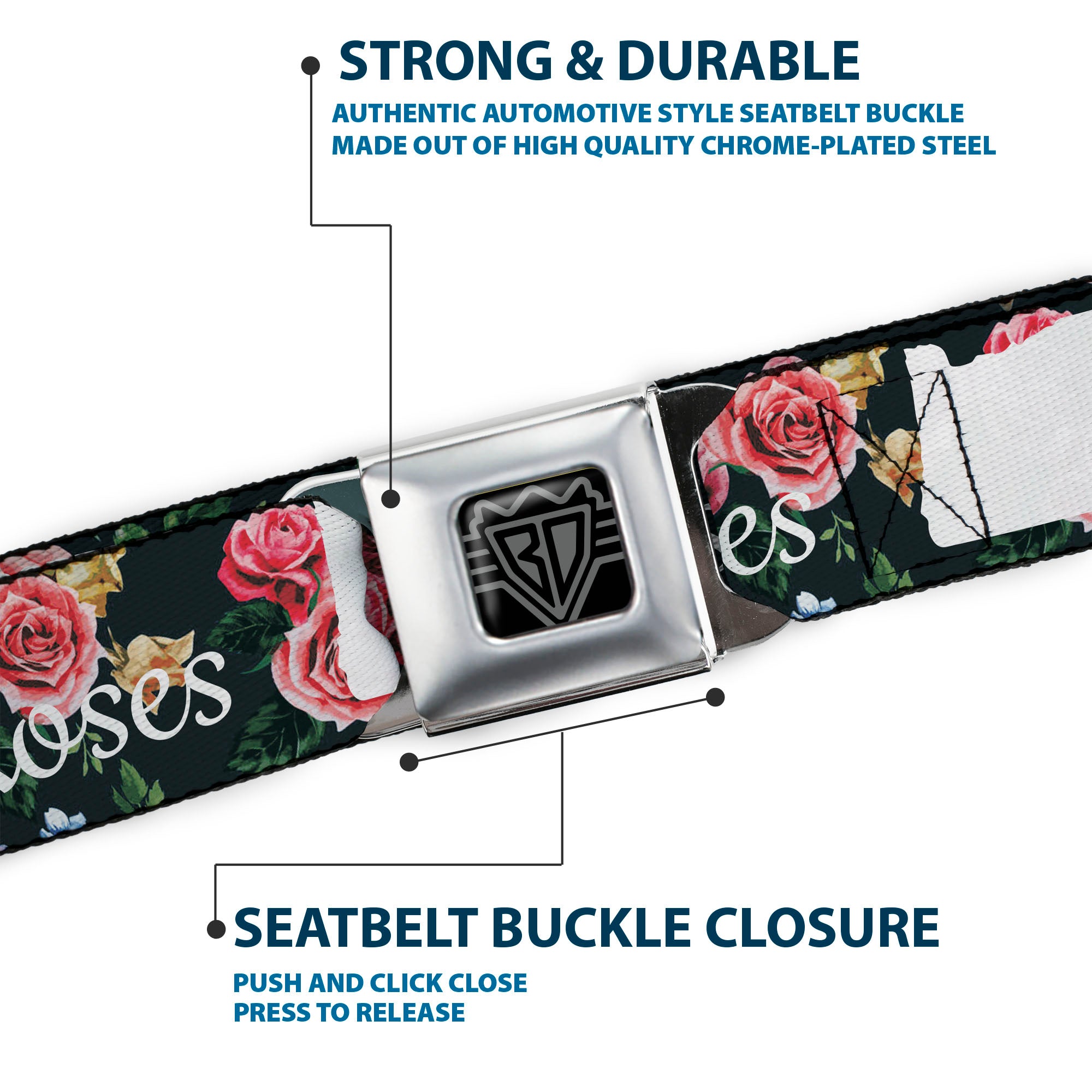 BD Wings Logo CLOSE-UP Full Color Black Silver Seatbelt Belt - Oregon Silhouette/PORTLAND OREGON-CITY OF ROSES Roses/White Webbing Seatbelt Belts Buckle-Down