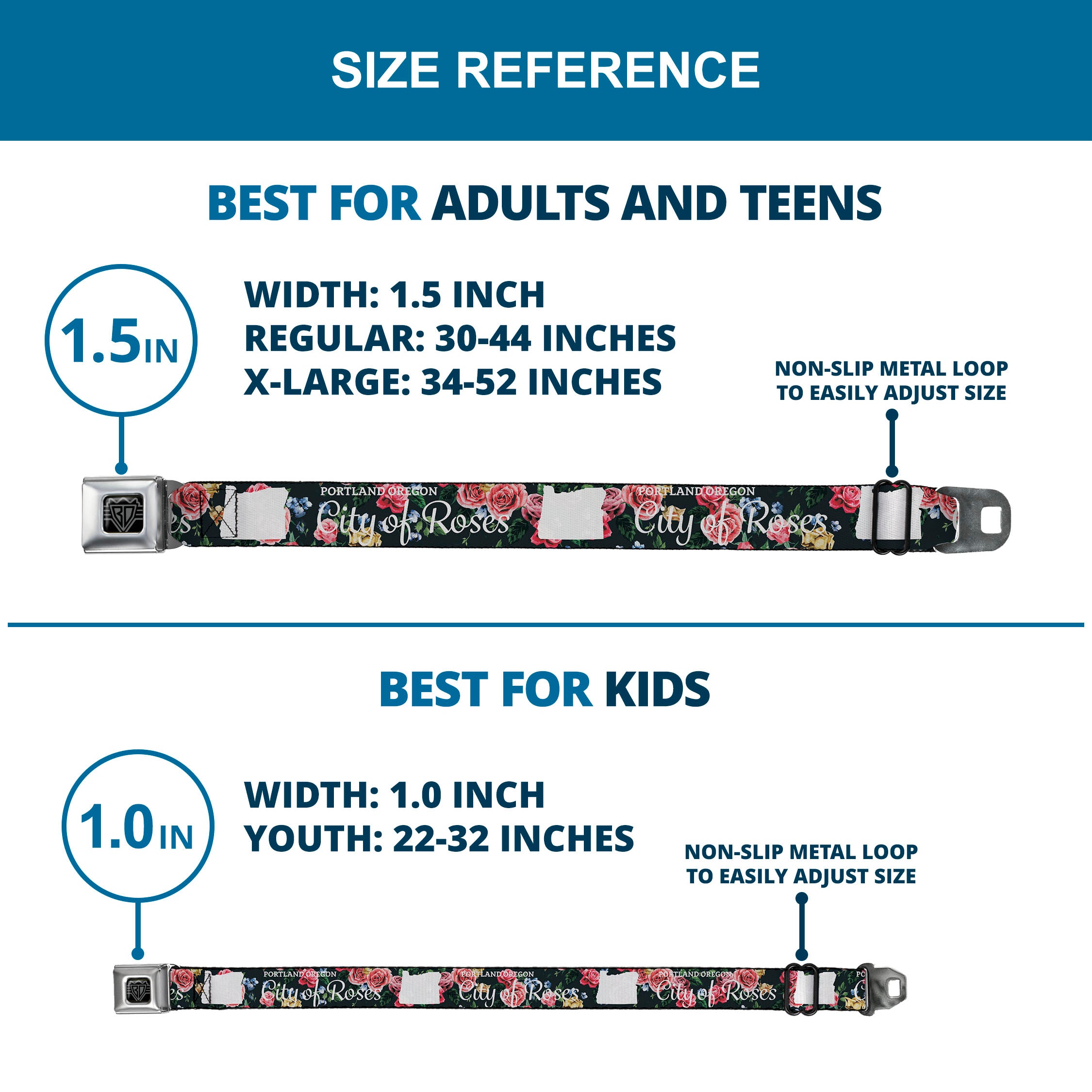 BD Wings Logo CLOSE-UP Full Color Black Silver Seatbelt Belt - Oregon Silhouette/PORTLAND OREGON-CITY OF ROSES Roses/White Webbing Seatbelt Belts Buckle-Down