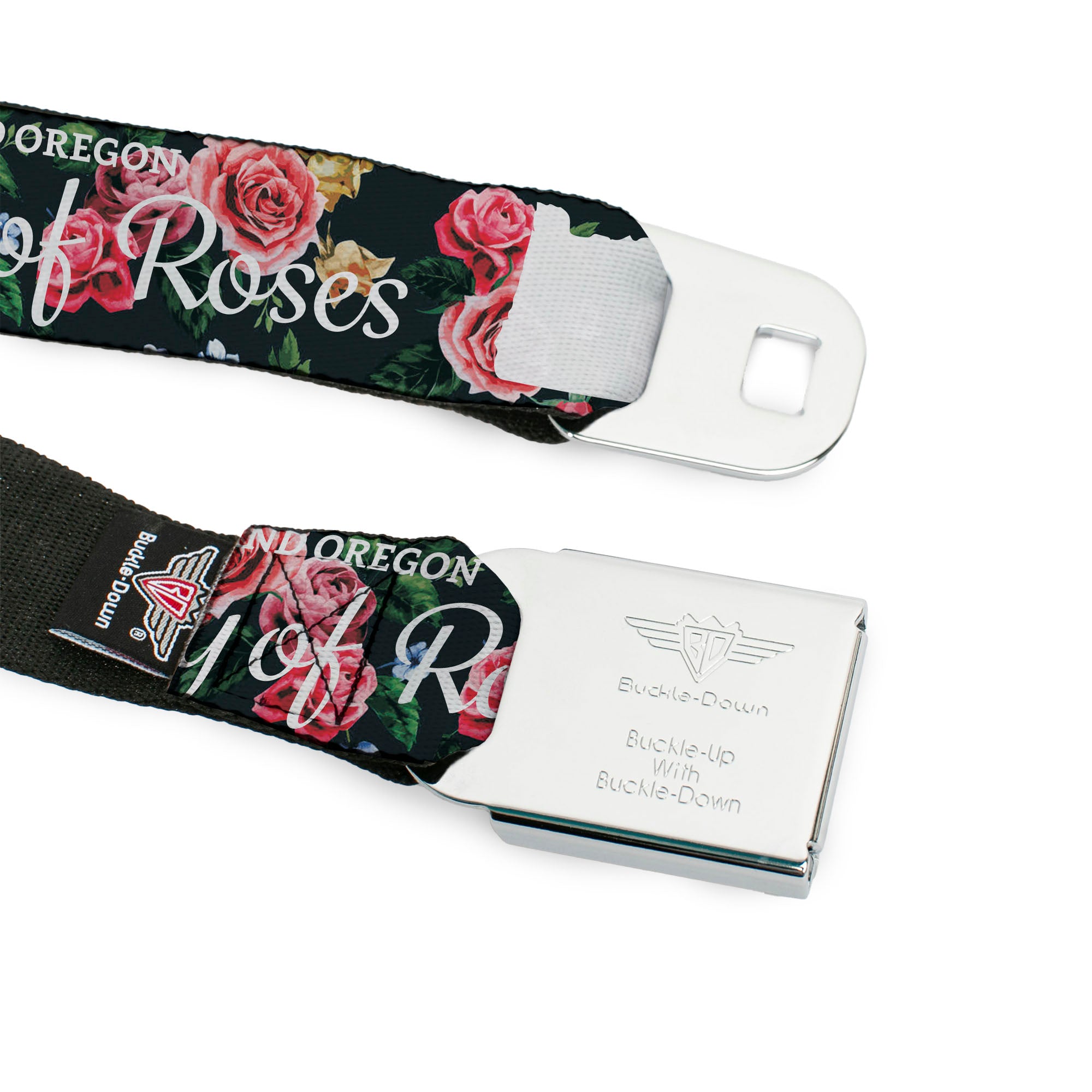 BD Wings Logo CLOSE-UP Full Color Black Silver Seatbelt Belt - Oregon Silhouette/PORTLAND OREGON-CITY OF ROSES Roses/White Webbing Seatbelt Belts Buckle-Down