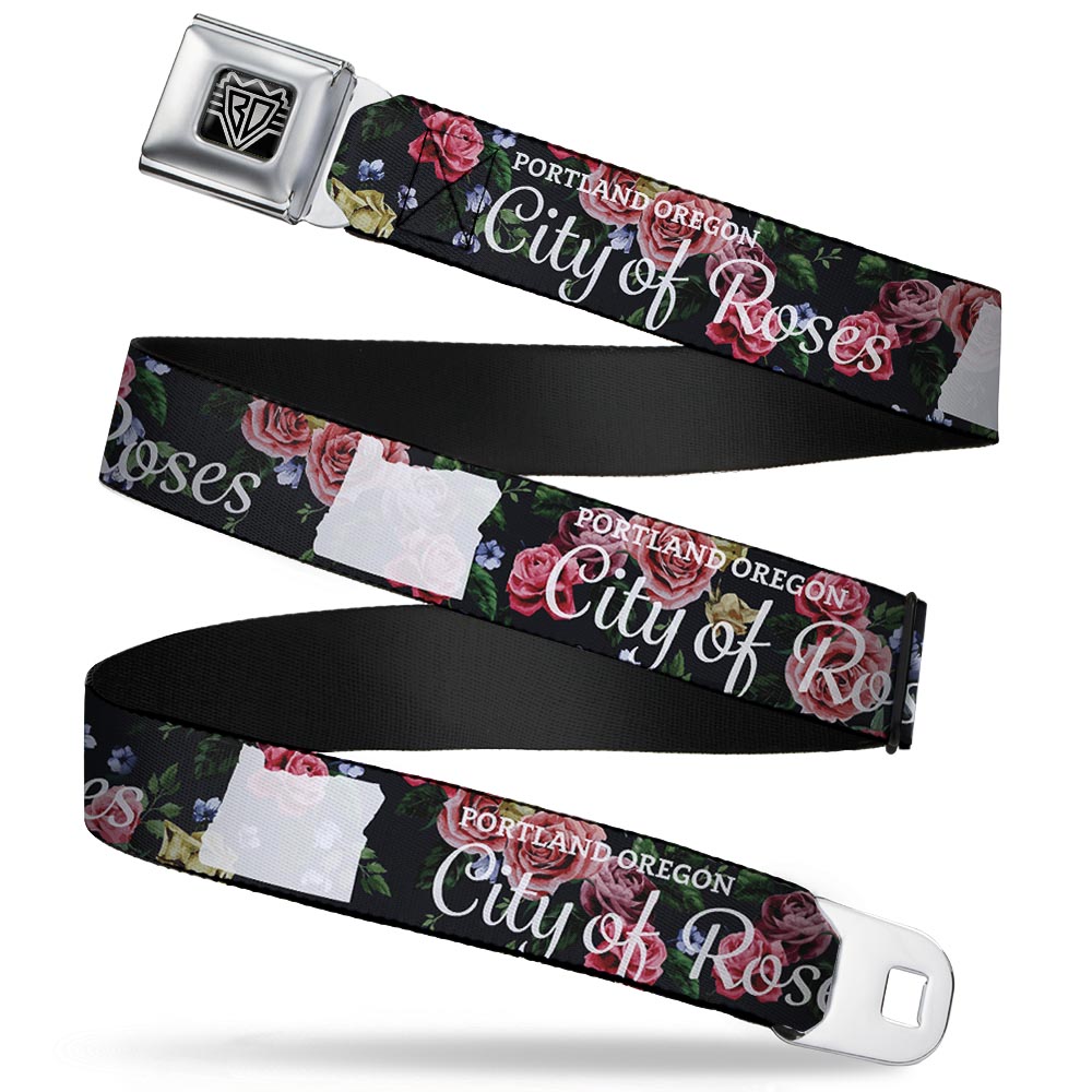 BD Wings Logo CLOSE-UP Full Color Black Silver Seatbelt Belt - Oregon Silhouette/PORTLAND OREGON-CITY OF ROSES Roses/White Webbing Seatbelt Belts Buckle-Down