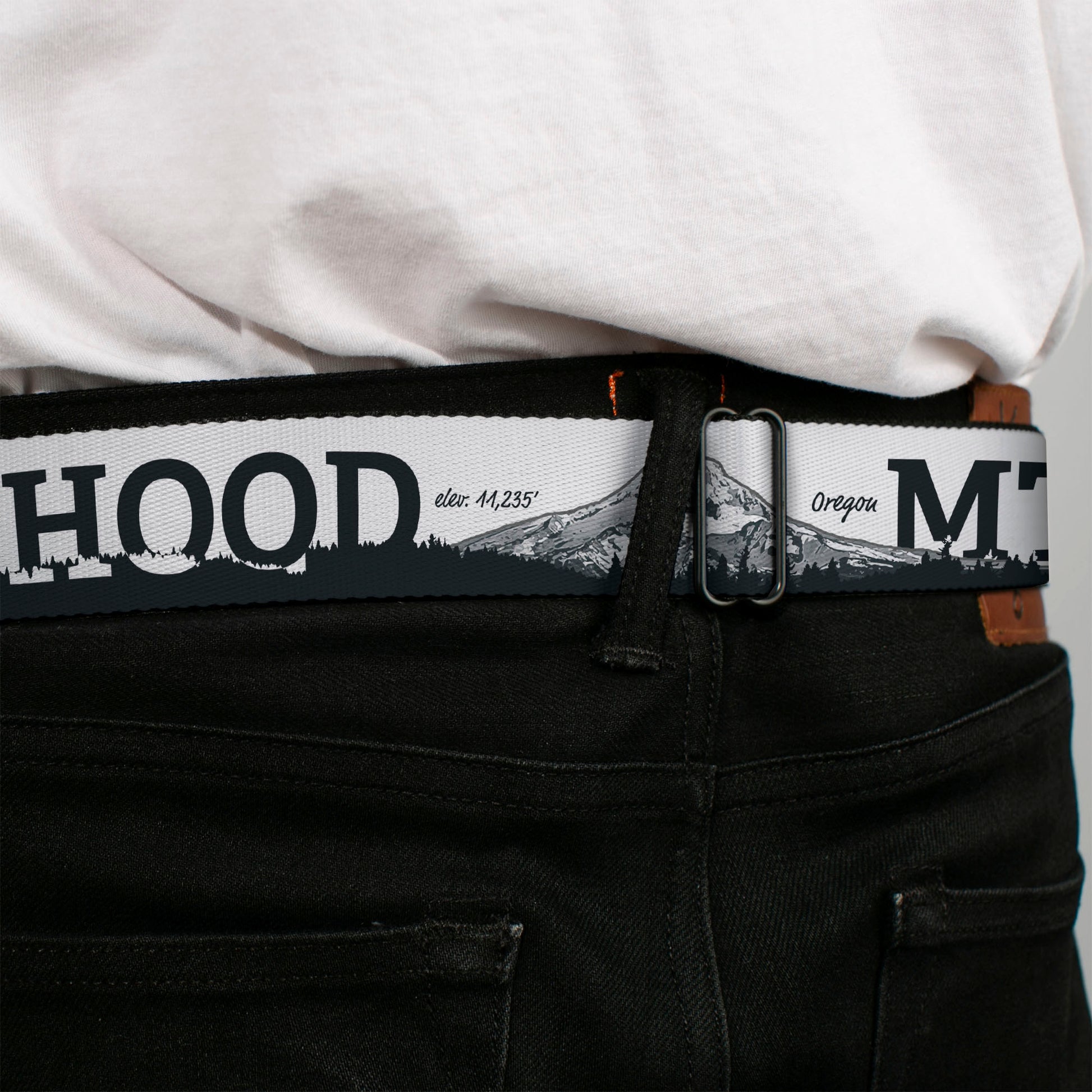 BD Wings Logo CLOSE-UP Full Color Black Silver Seatbelt Belt - Oregon MT. HOOD Scenery White/Grays Webbing Seatbelt Belts Buckle-Down