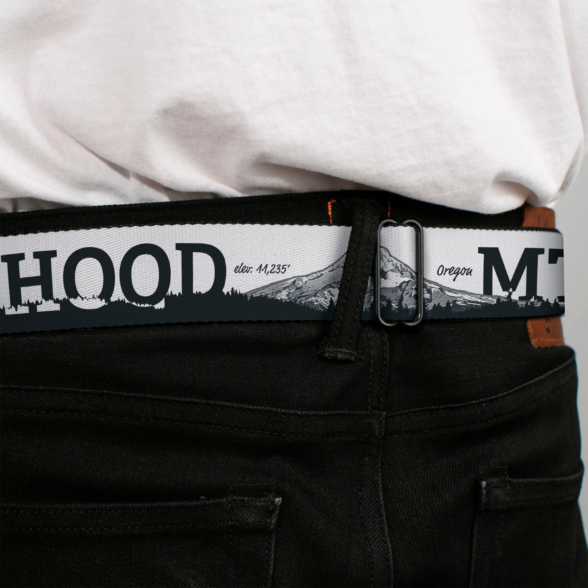 BD Wings Logo CLOSE-UP Full Color Black Silver Seatbelt Belt - Oregon MT. HOOD Scenery White/Grays Webbing Seatbelt Belts Buckle-Down