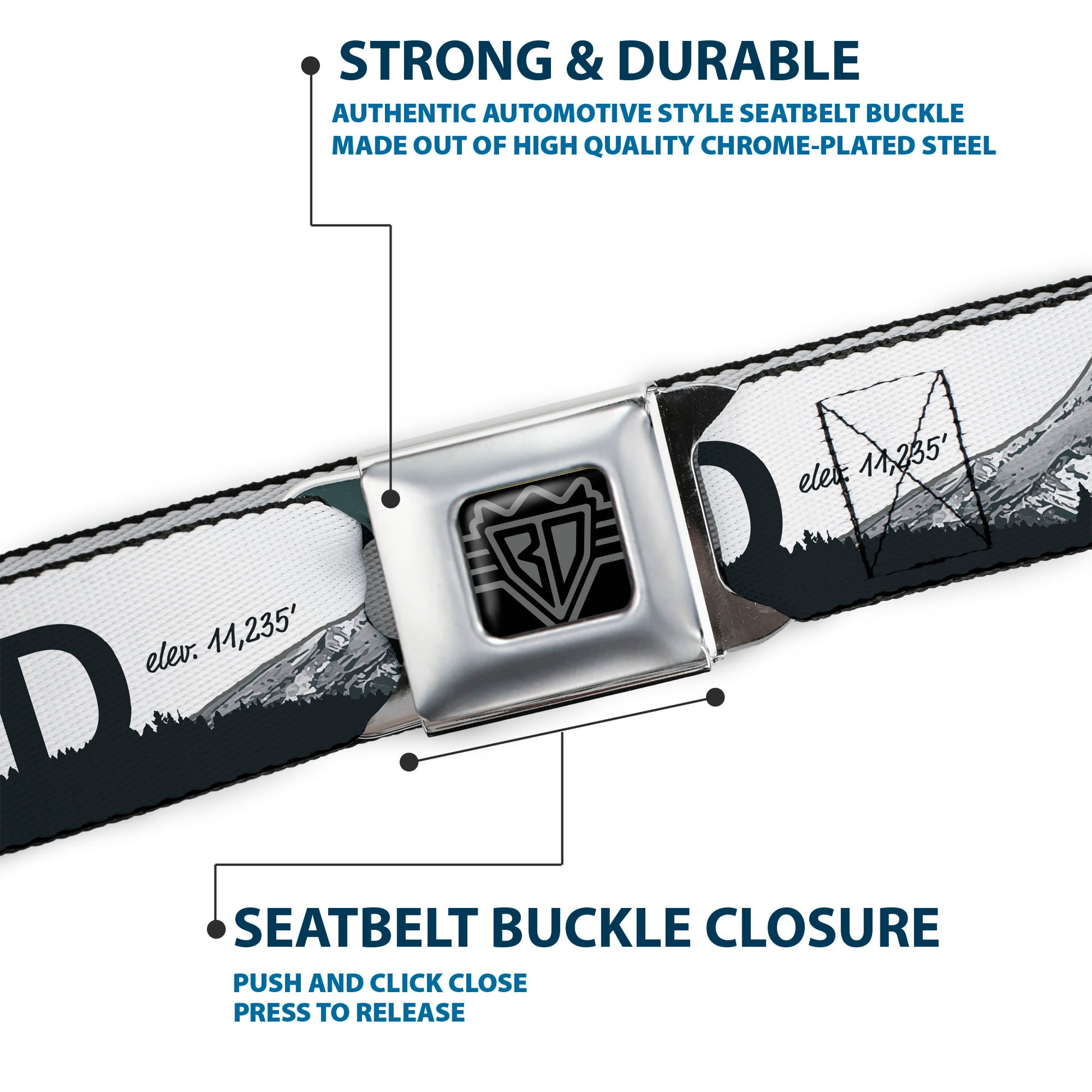 BD Wings Logo CLOSE-UP Full Color Black Silver Seatbelt Belt - Oregon MT. HOOD Scenery White/Grays Webbing Seatbelt Belts Buckle-Down