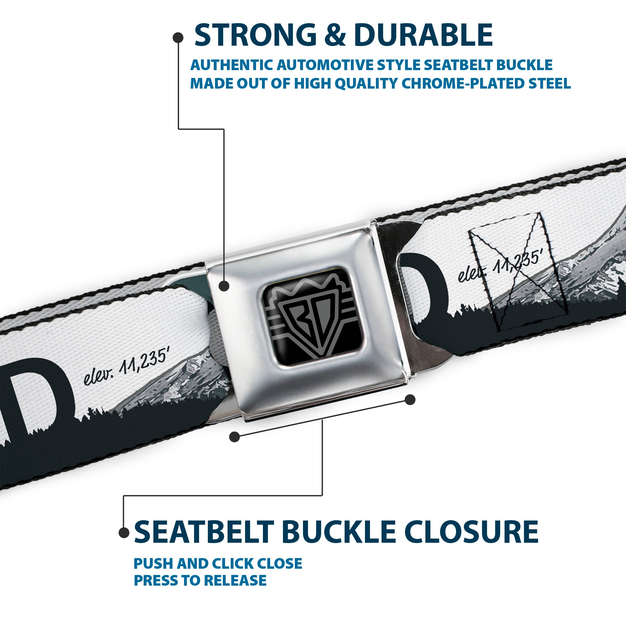 BD Wings Logo CLOSE-UP Full Color Black Silver Seatbelt Belt - Oregon MT. HOOD Scenery White/Grays Webbing Seatbelt Belts Buckle-Down