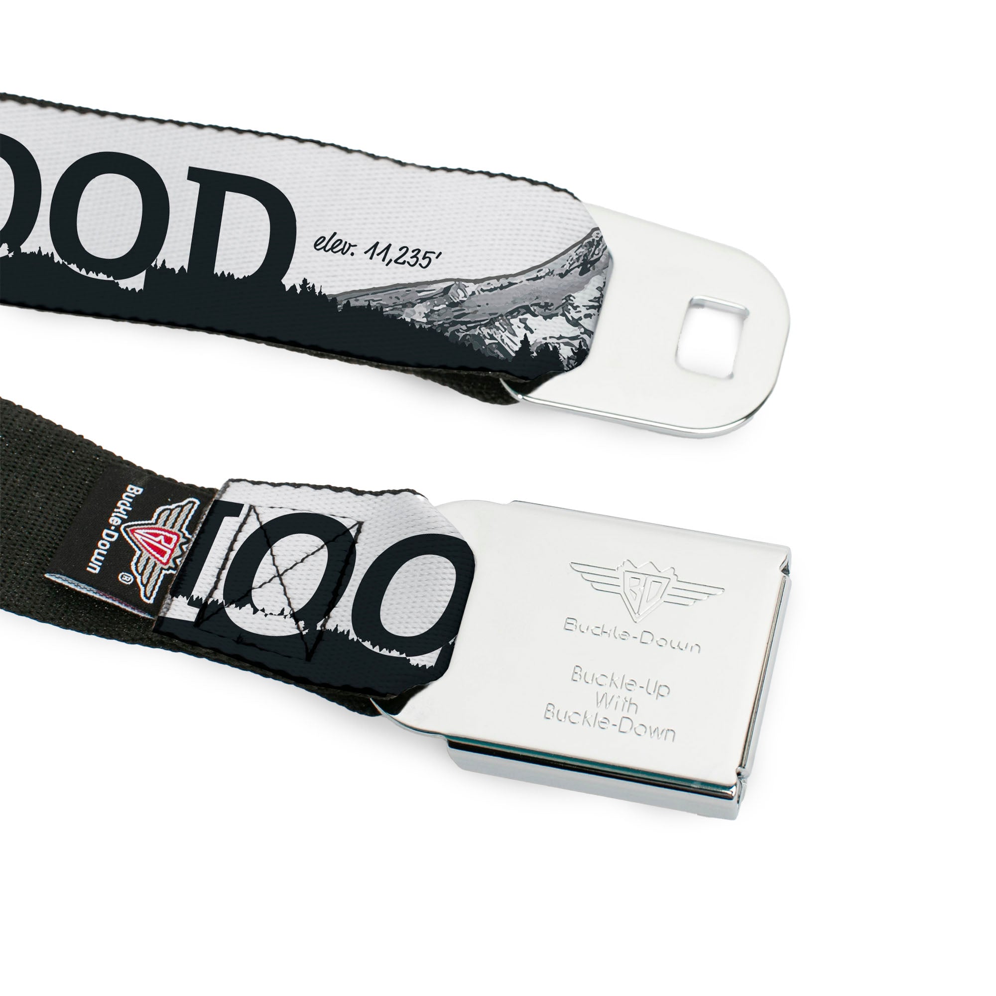 BD Wings Logo CLOSE-UP Full Color Black Silver Seatbelt Belt - Oregon MT. HOOD Scenery White/Grays Webbing Seatbelt Belts Buckle-Down